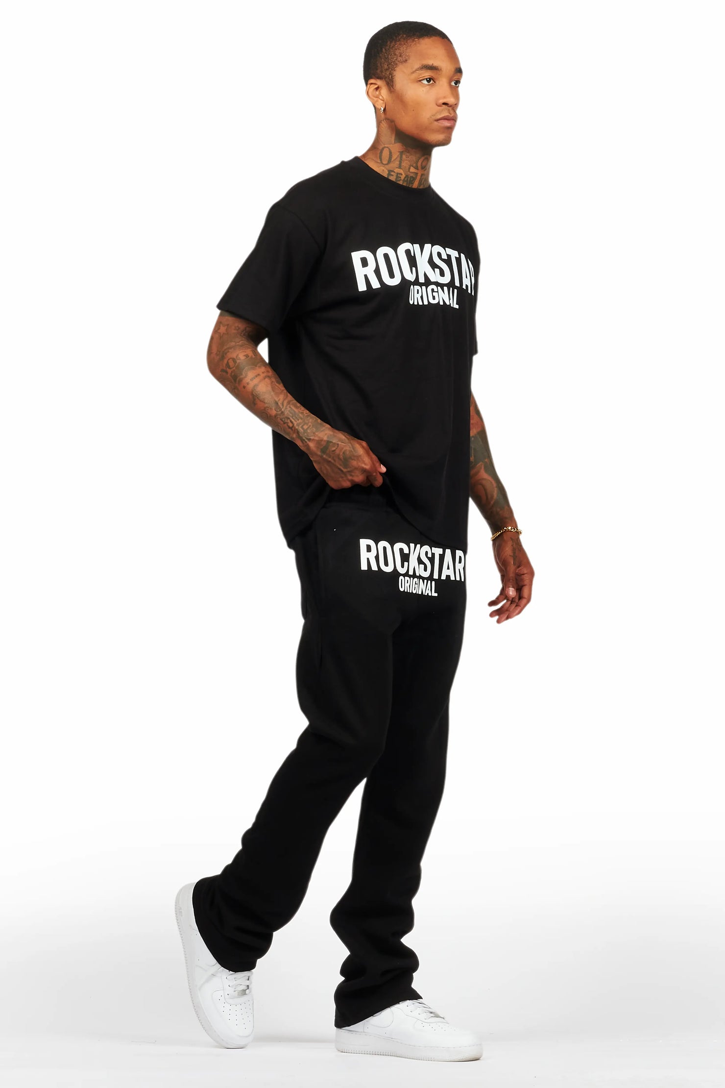 Sana Black T-Shirt/Stacked Track Pant Set