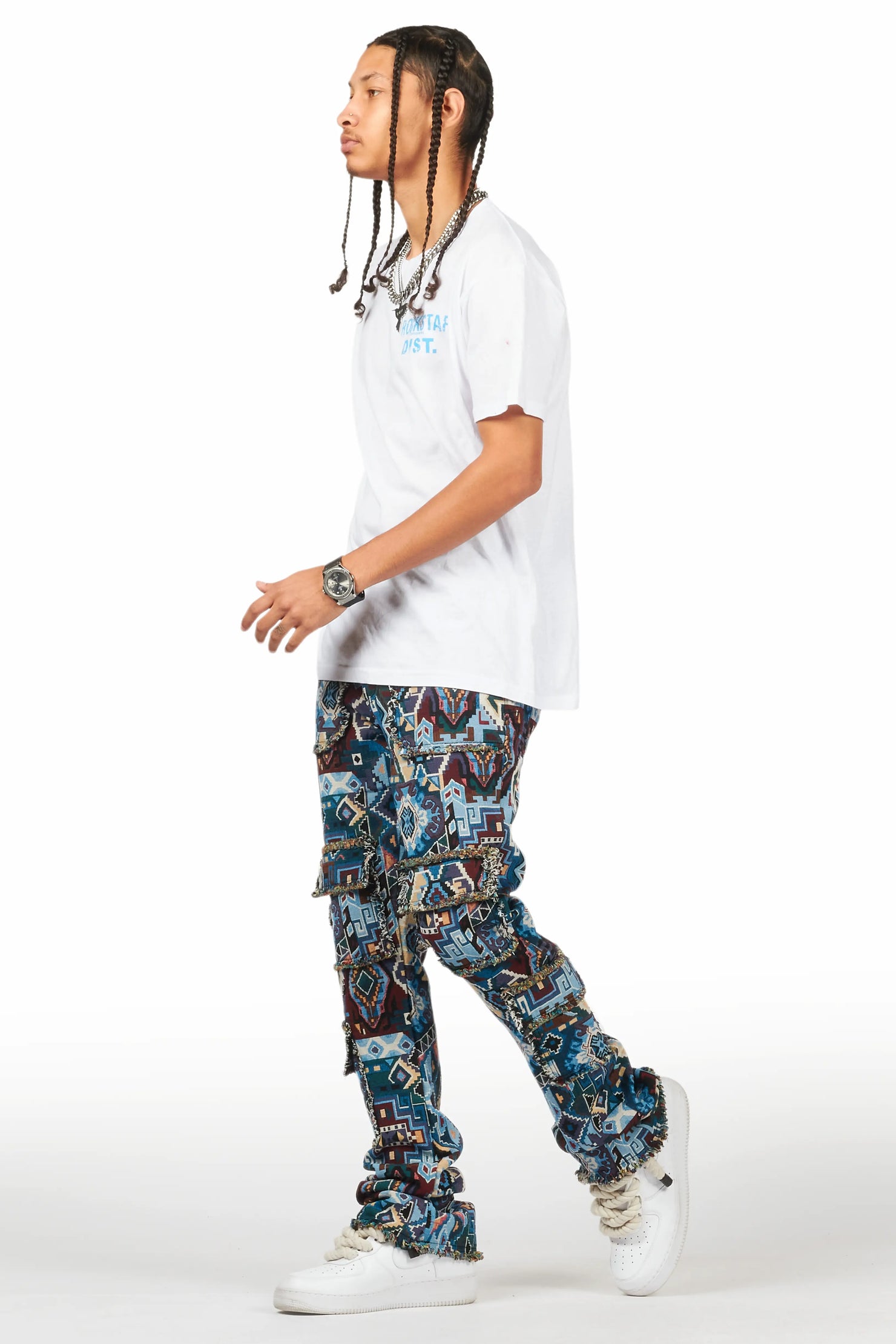 Tayami Tapestry Blue Cargo Stacked Flare Jean