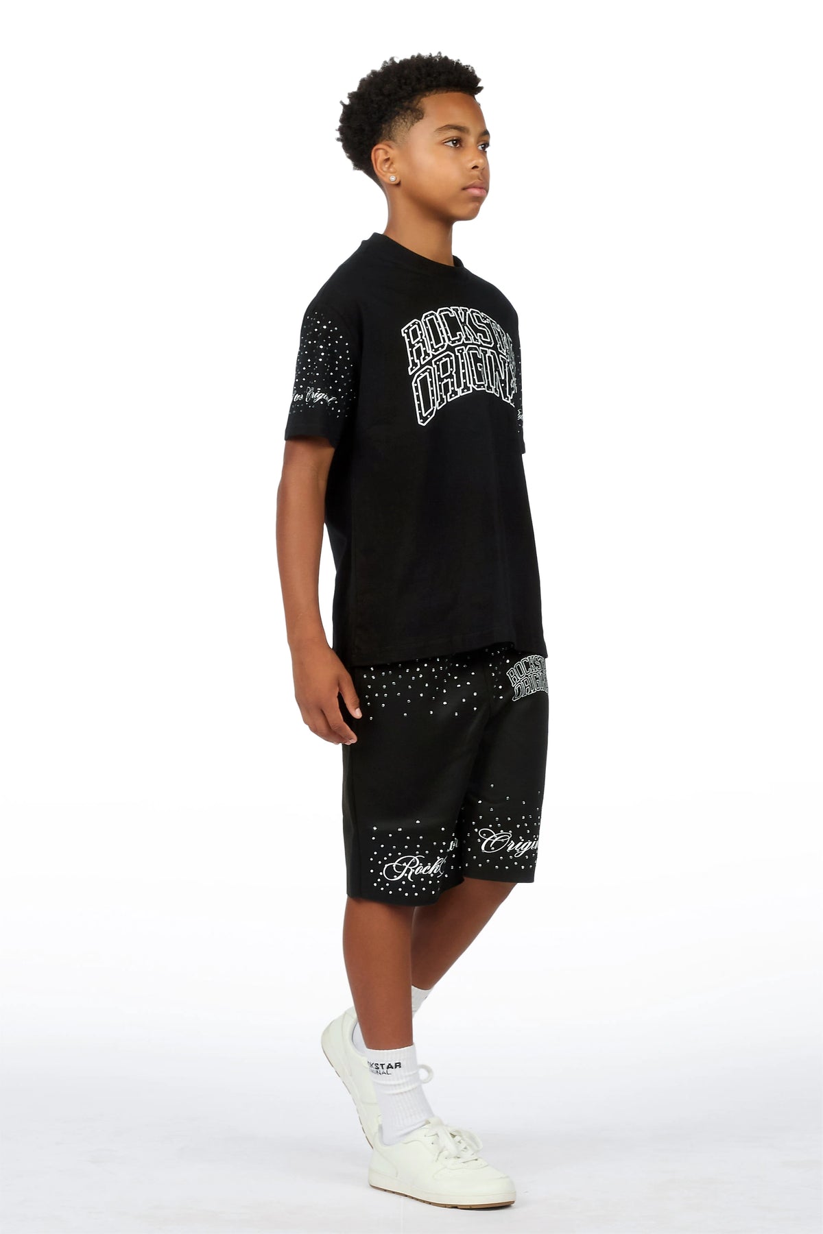 Boys Dripped Black Rhinestone Oversized T-Shirt/Short Set