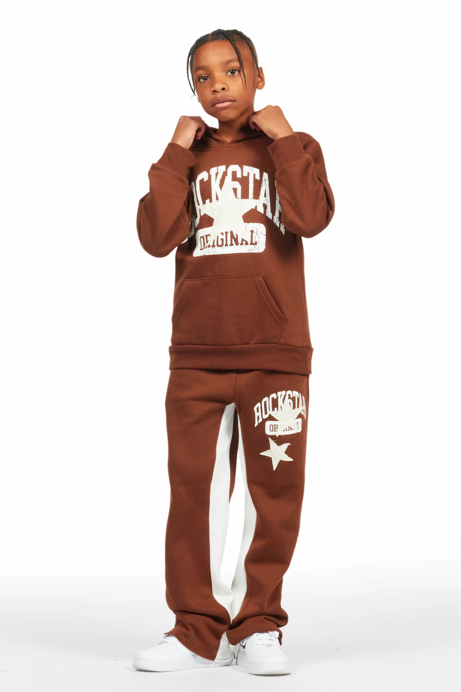 Boys Mallor Brown Baggy Stacked Hoodie Track Set