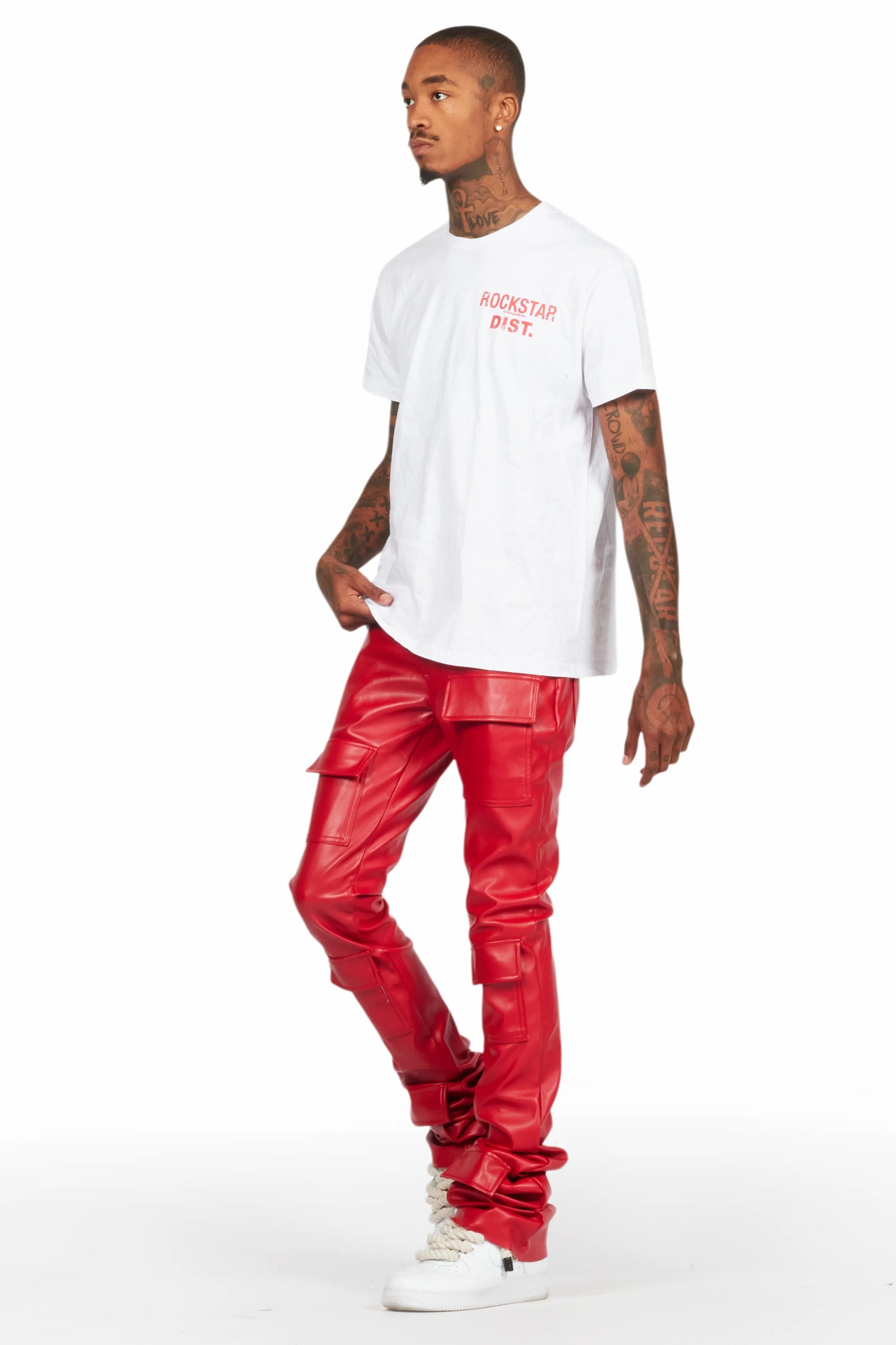 Petrus Red PU Stacked Flare Leather Jean