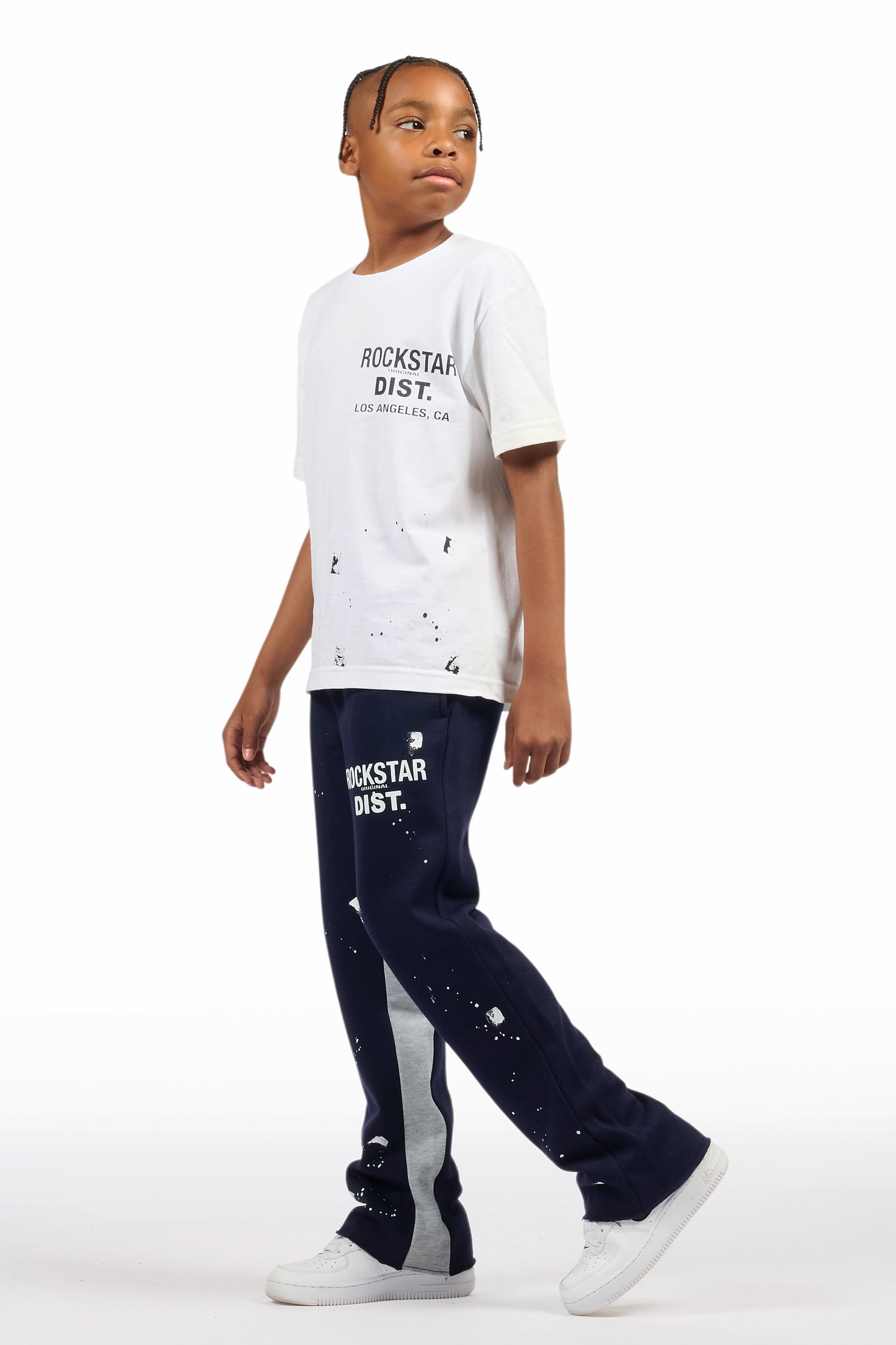 Boys Raffer White/Navy T-Shirt/Baggy Stacked Pant Set