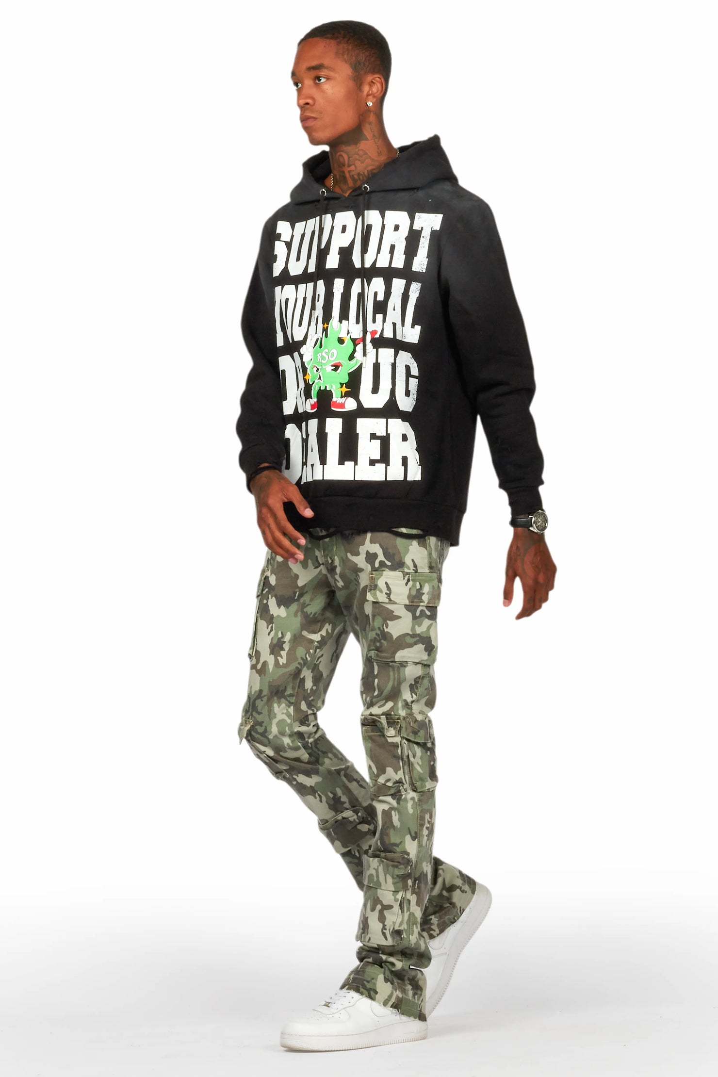 Tarl Black Distressed Graphic Relaxed Hoodie
