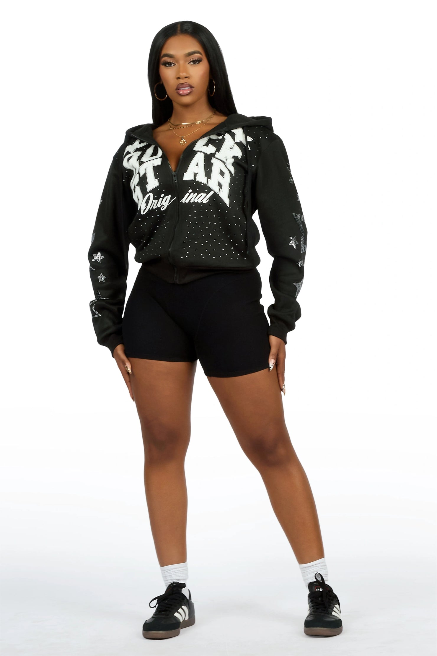 Flaveya Black Rhinestone Zip Up Hoodie