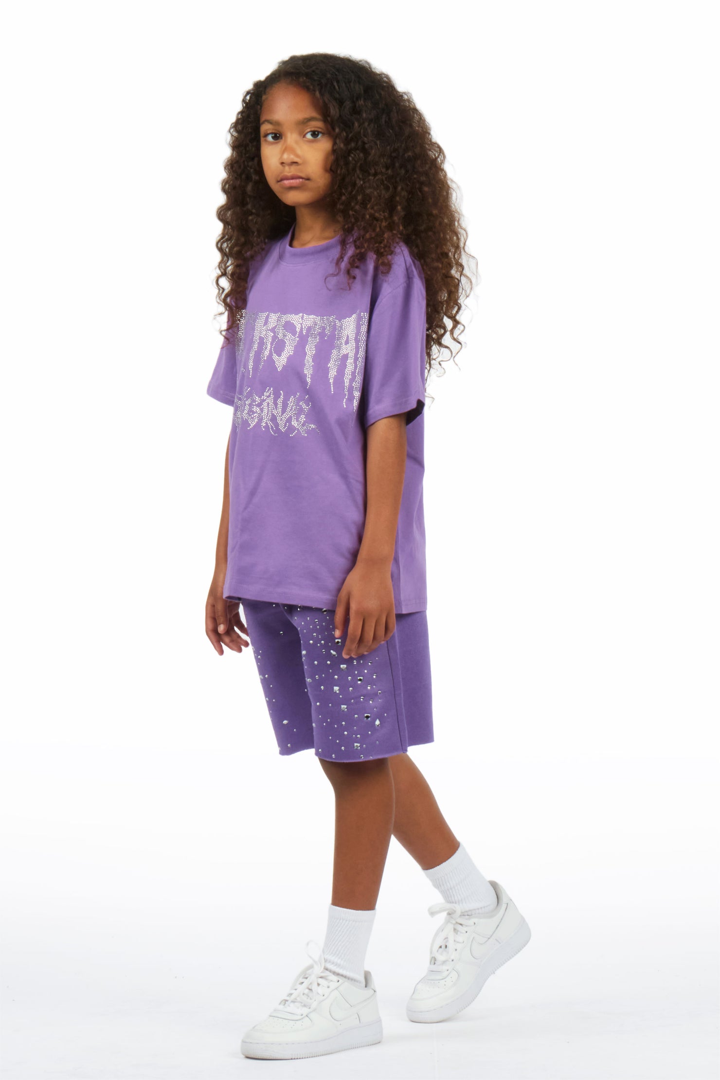 Girls Porsha Purple Rhinestone Short Set