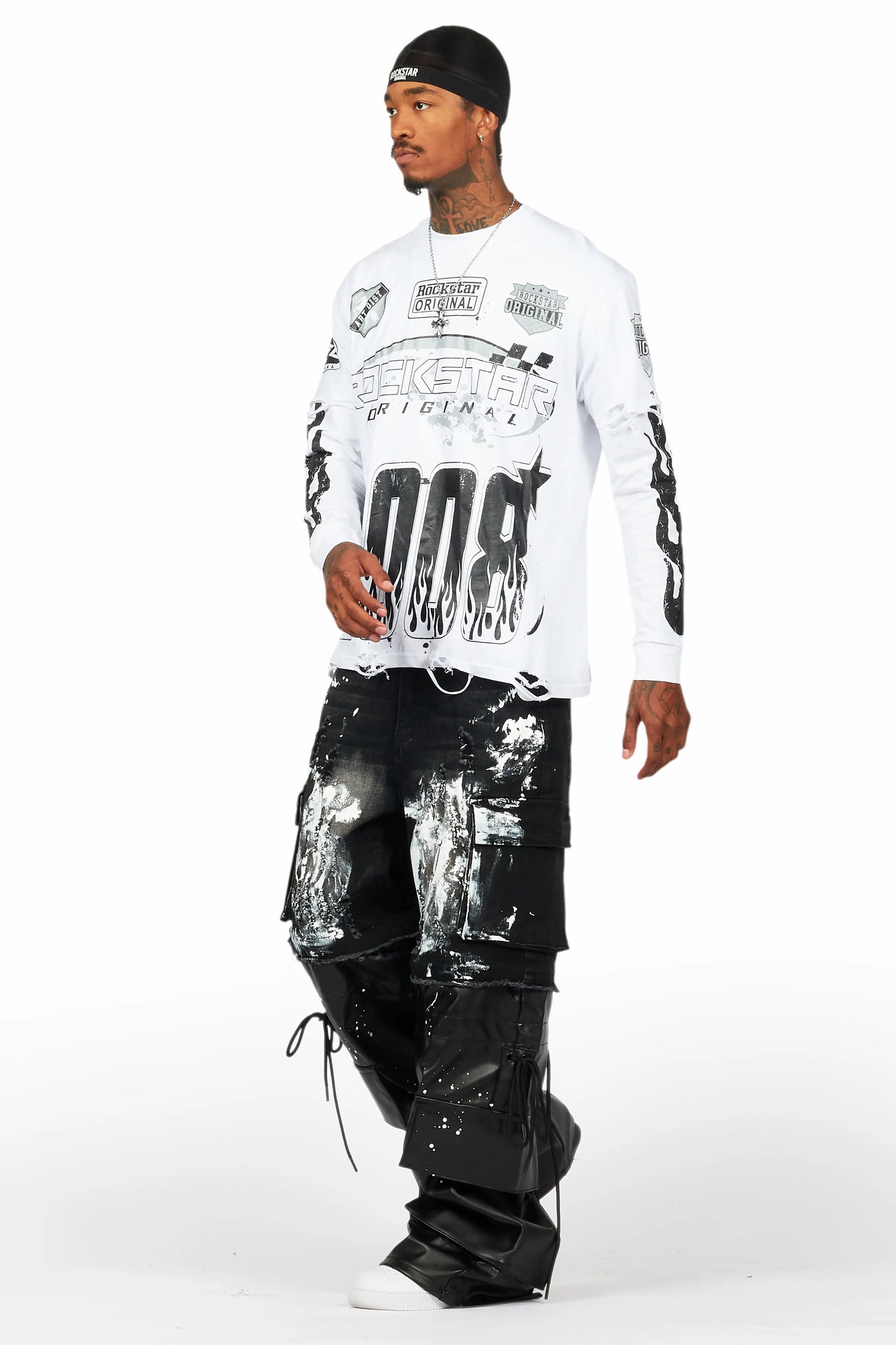 Amos White/Black Double Layer Long Sleeve Graphic T-Shirt