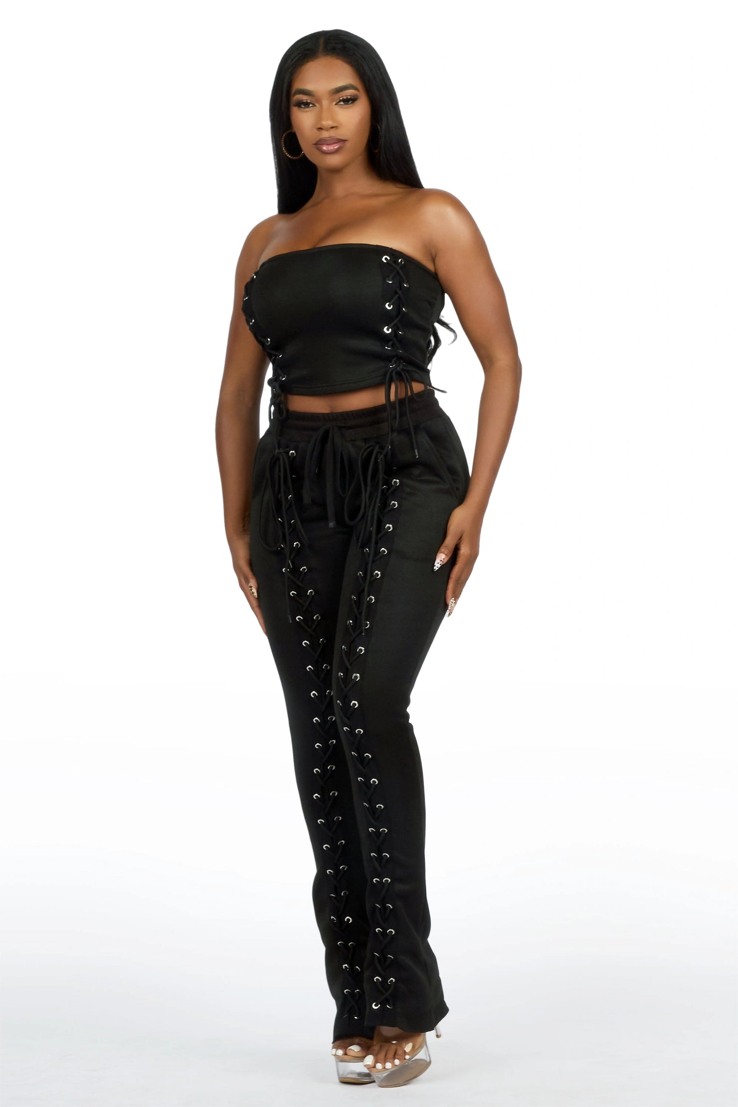 KaeMyna Black Lace Up Tube Stacked Track Set