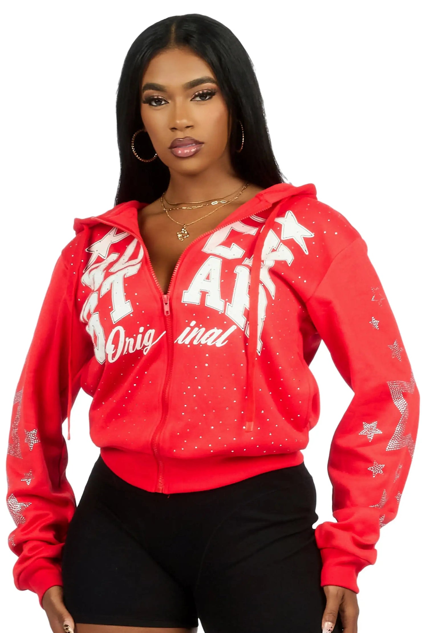 Flaveya Red Rhinestone Zip Up Hoodie