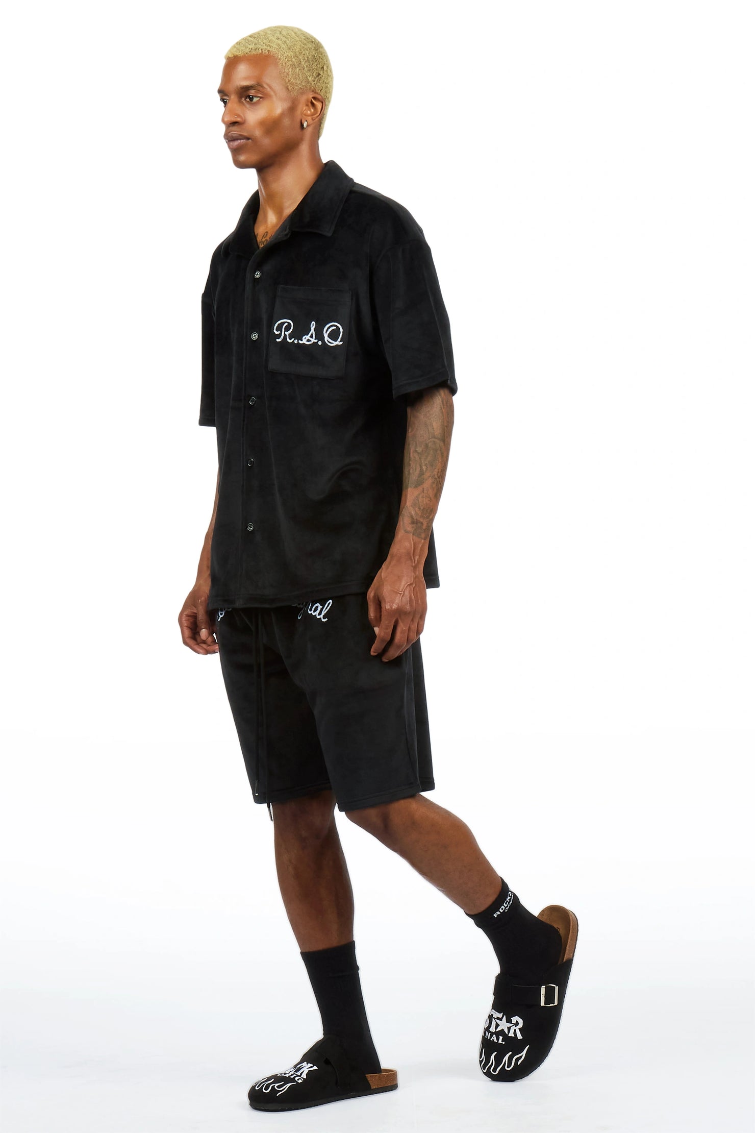 Crusoe Black Button Down Shirt/Short Set