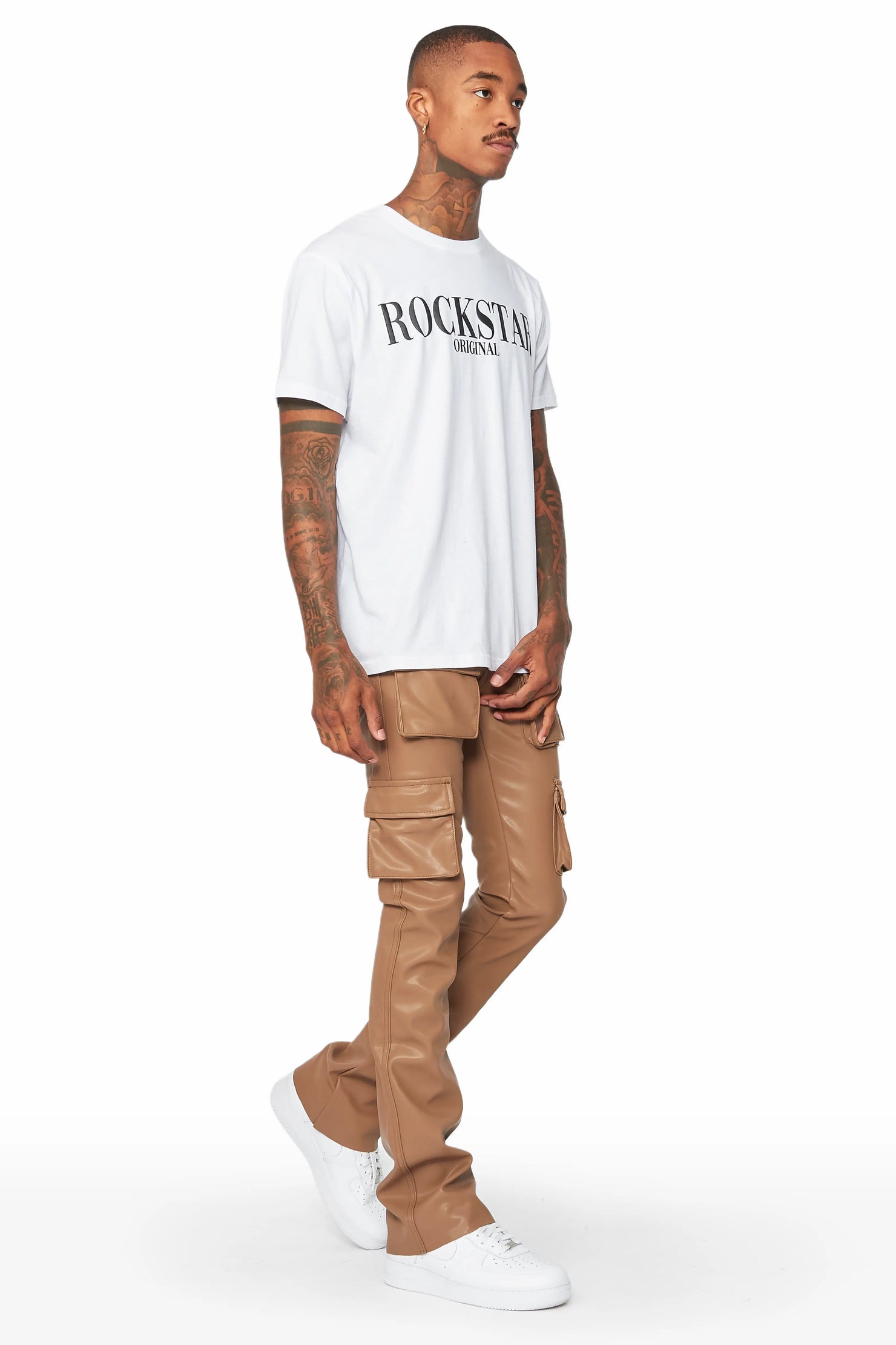 Khaza Tan Faux Leather Stacked Flare Jean