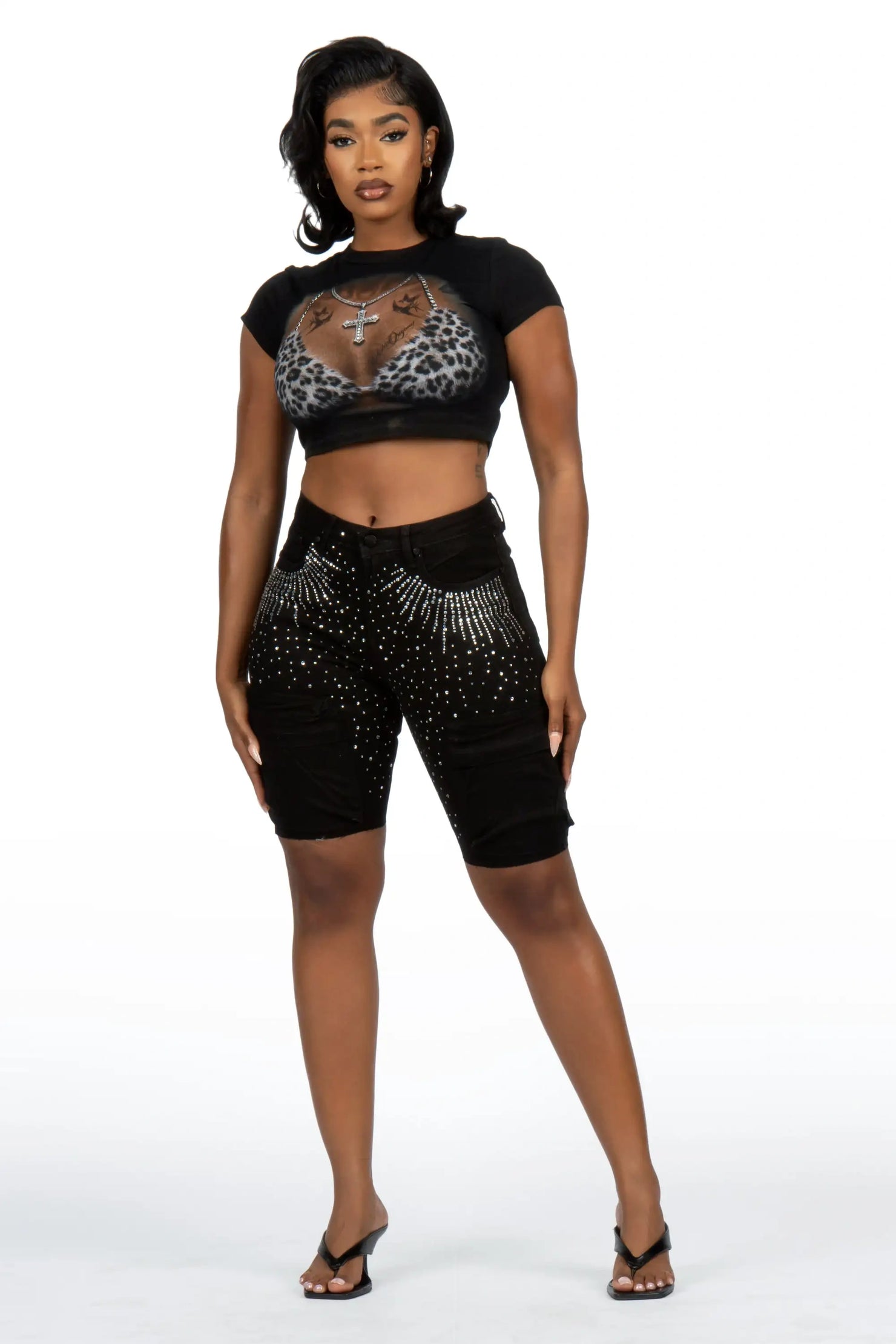 Noddia Black Rhinestone Bermuda Short