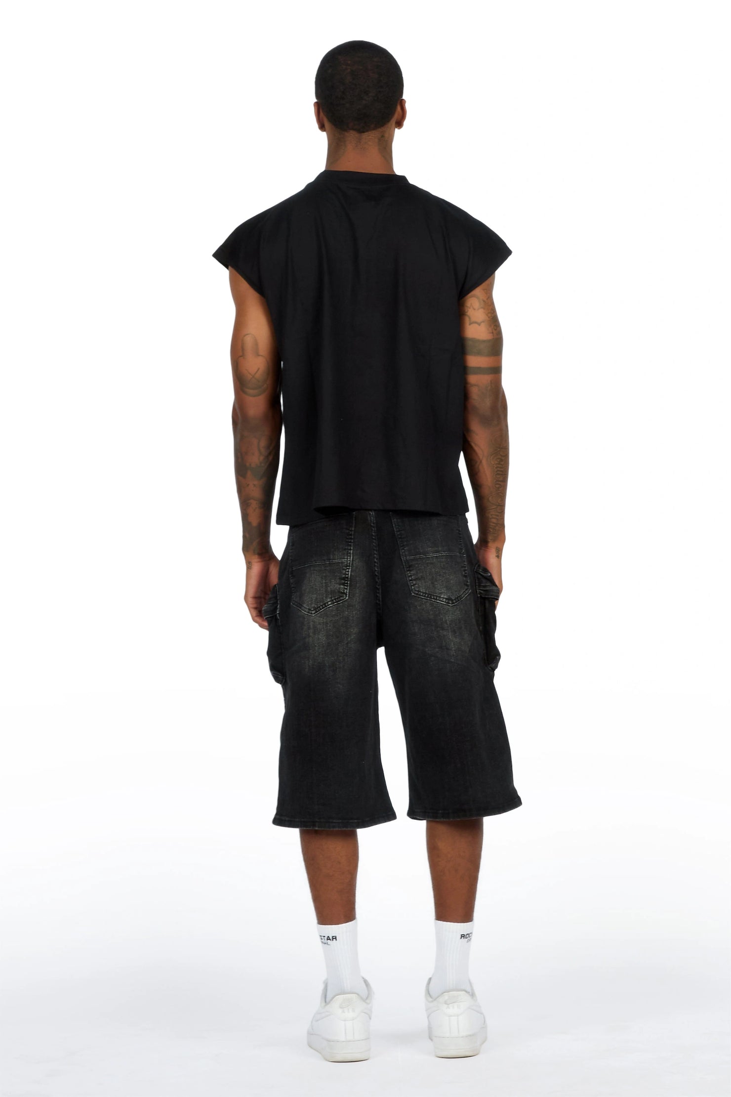 Saxon Black Graphic Cut Sleeve T-Shirt Denim Short Set