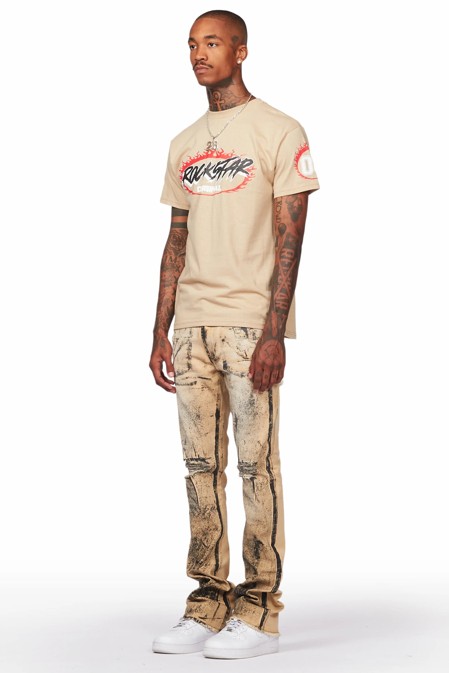 Reki Beige Painter Stacked Flare Jean