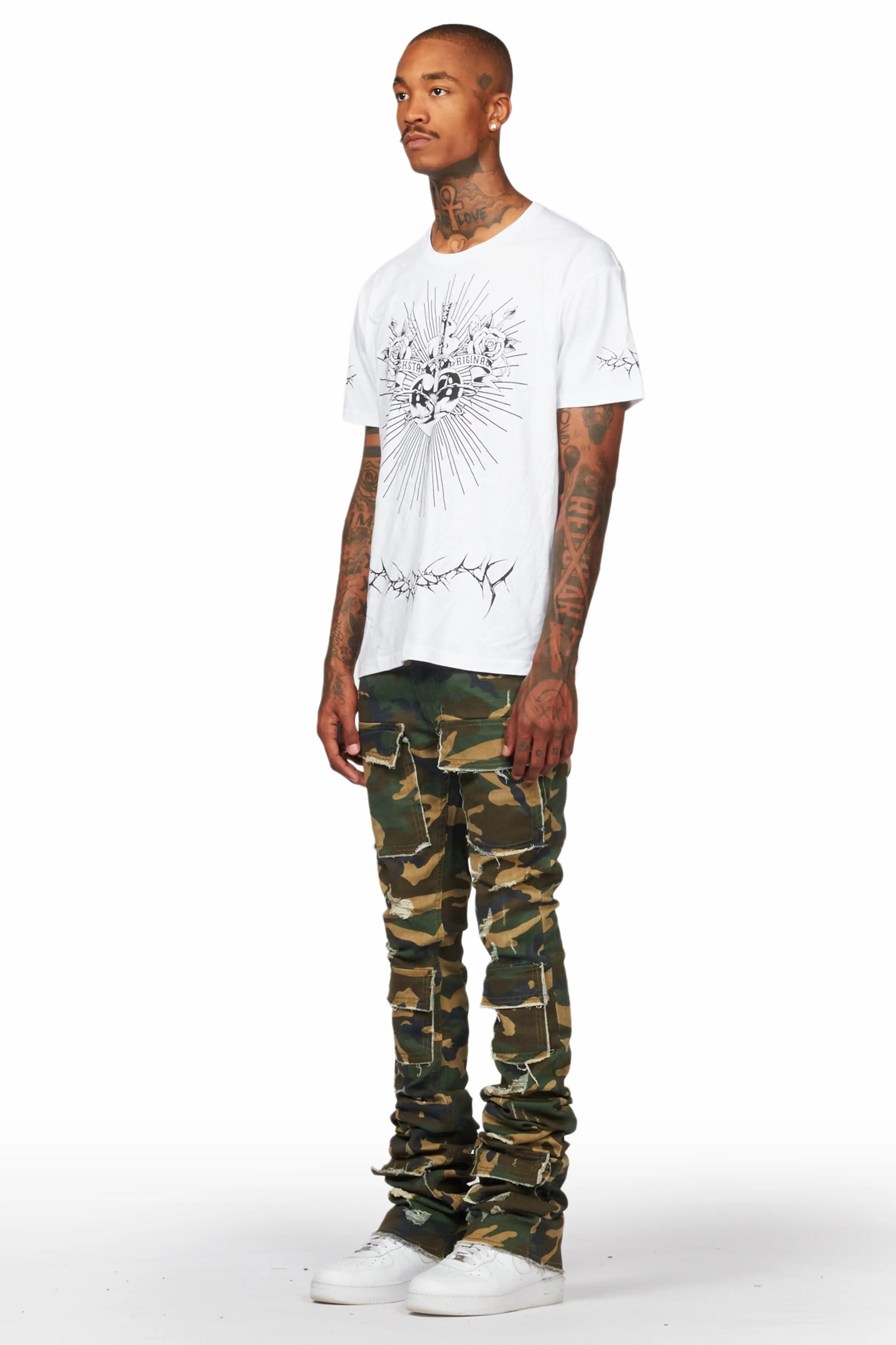 Piet Green Camo Cargo Super Stacked Flare Jean