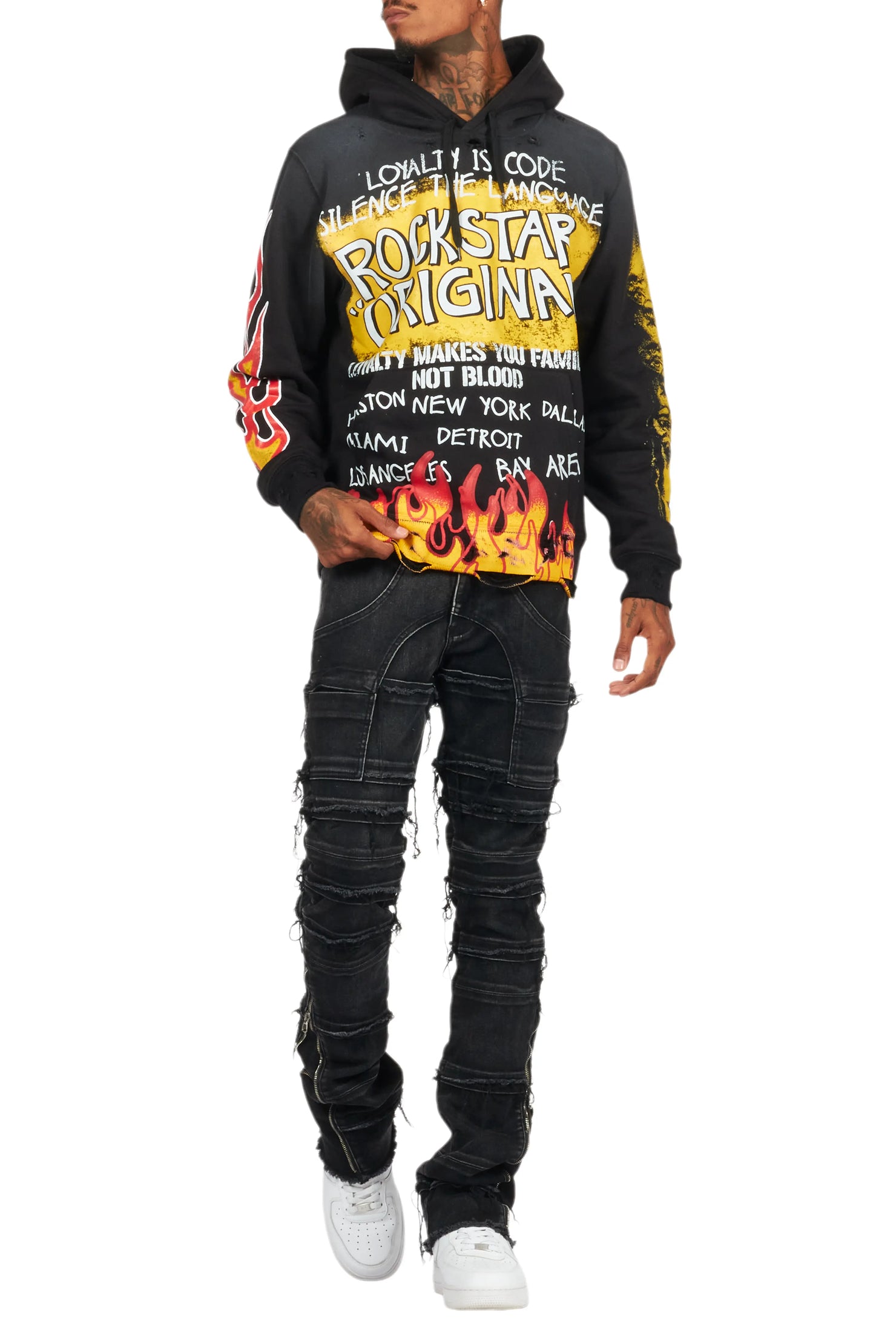 Beno Black/Yellow Distressed Graphic Hoodie