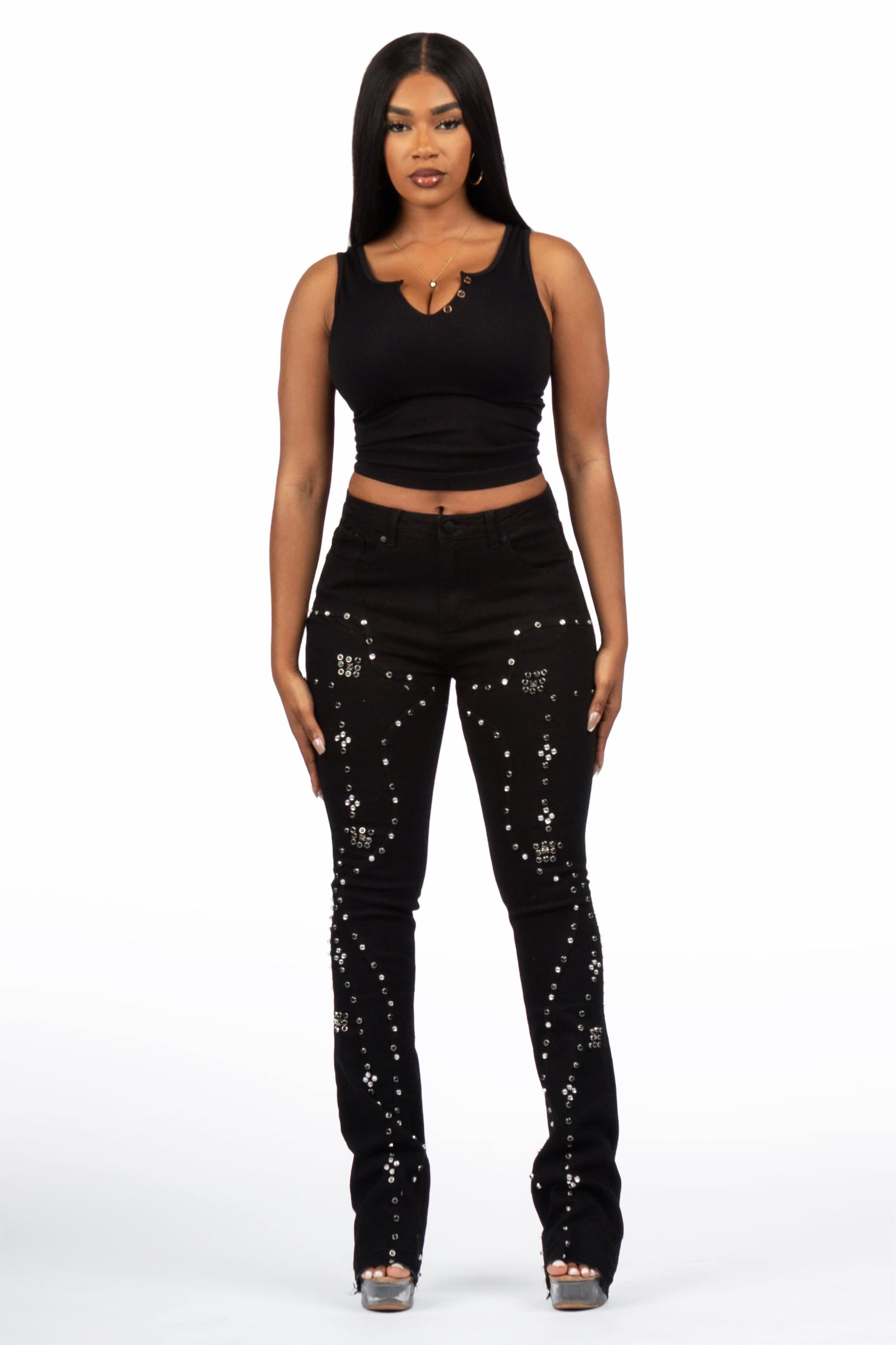 Inesia Black Studded Stacked Flare Jean