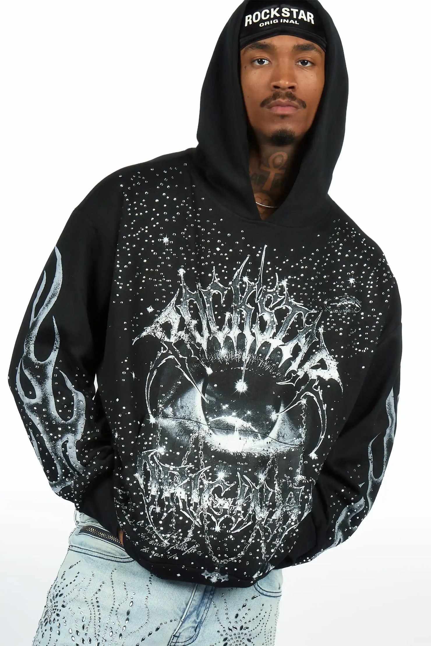 Malykz Black Rhinestone Graphic Hoodie