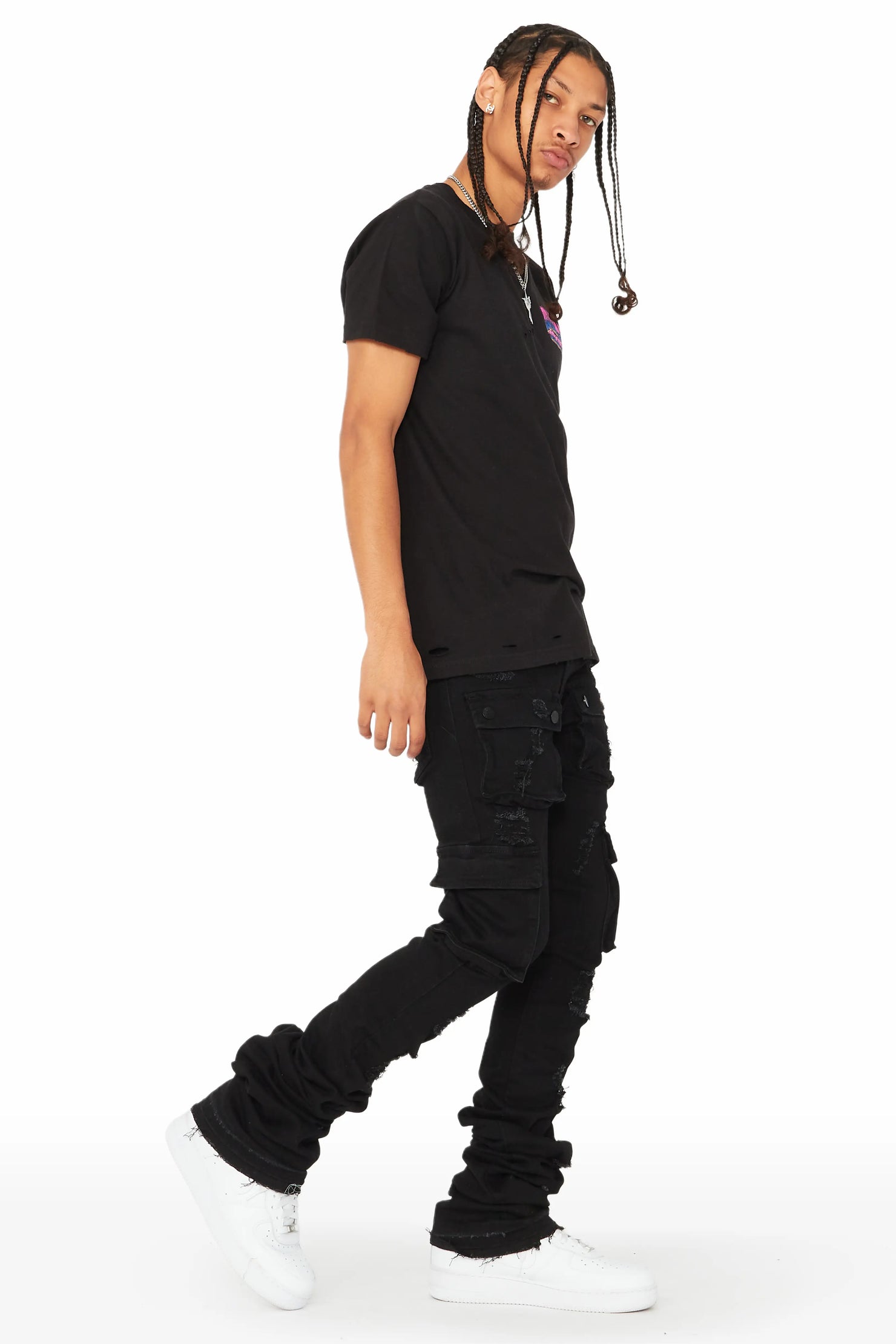 Zaire Black Cargo Super Stacked Flare Jean