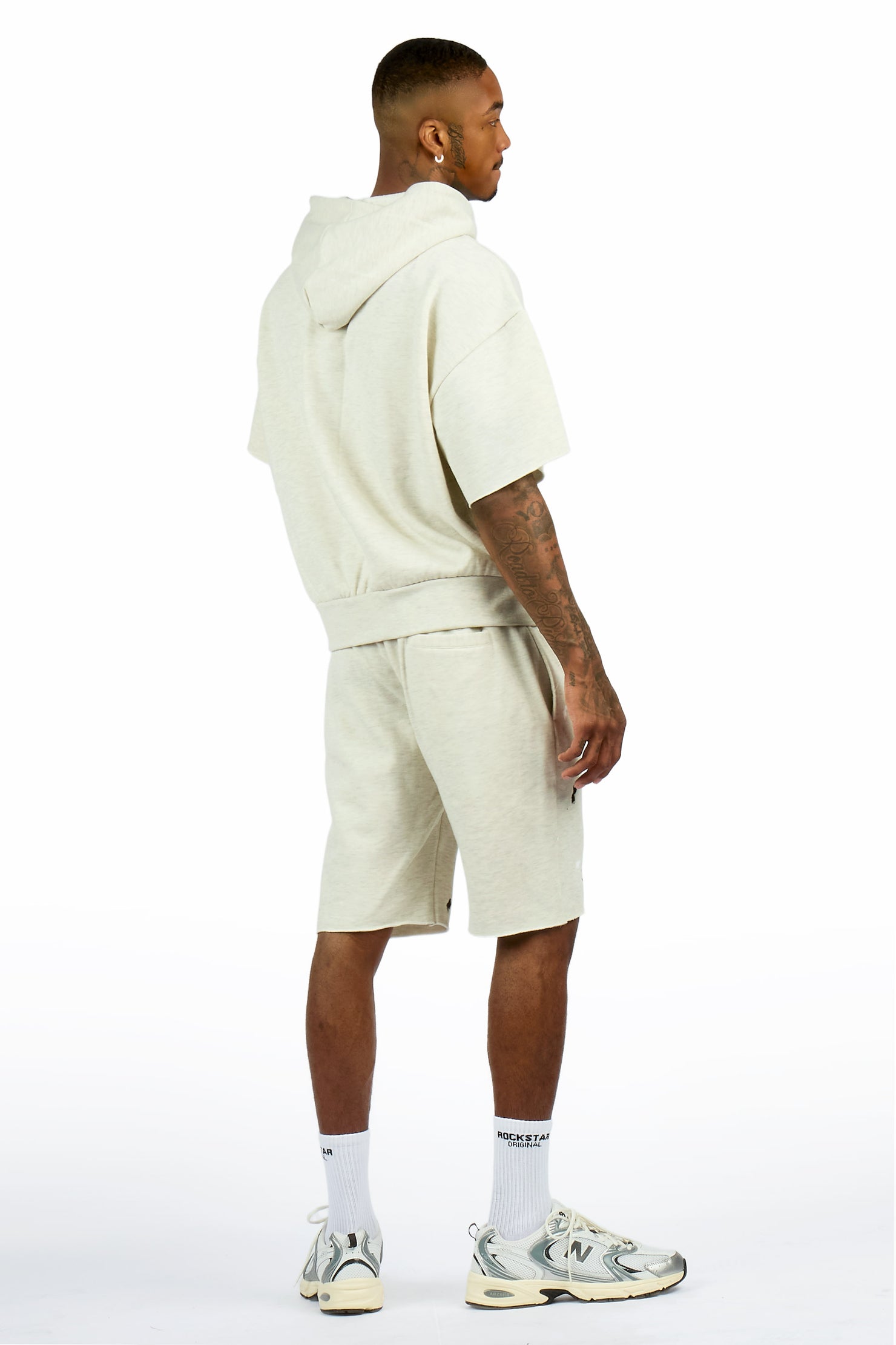 Raffer Light Oatmeal Cut Sleeve Hoodie Short Set