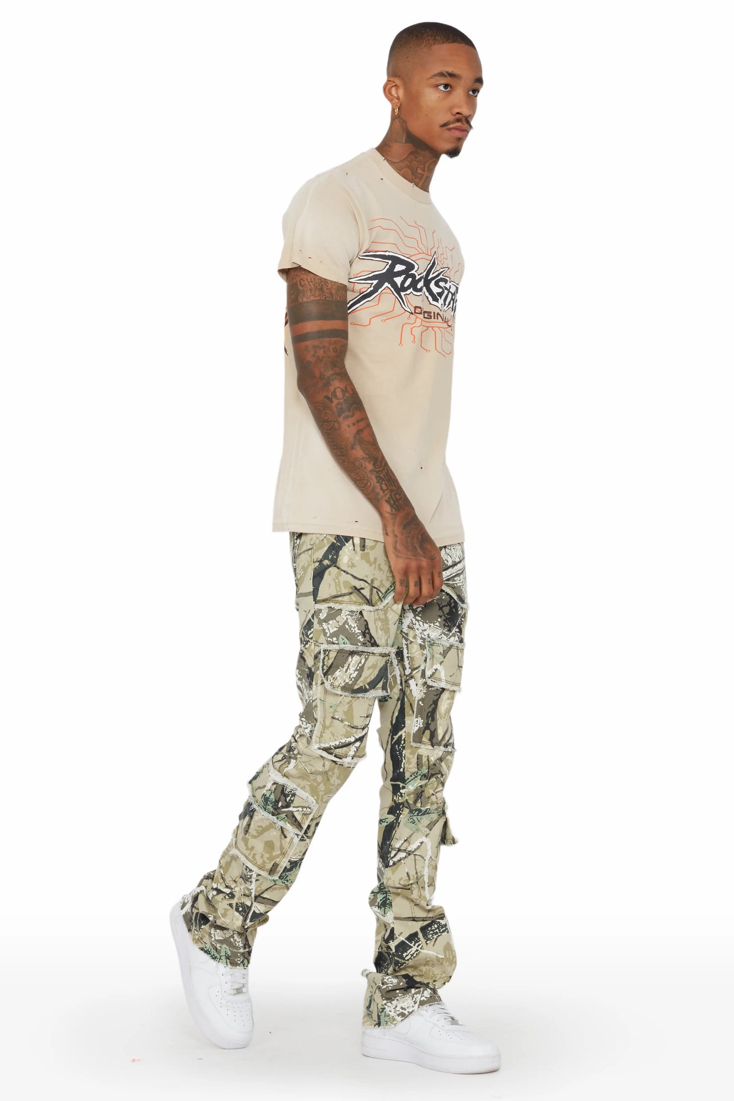 Tyrell Tree Camo Stacked Flare Cargo Jean