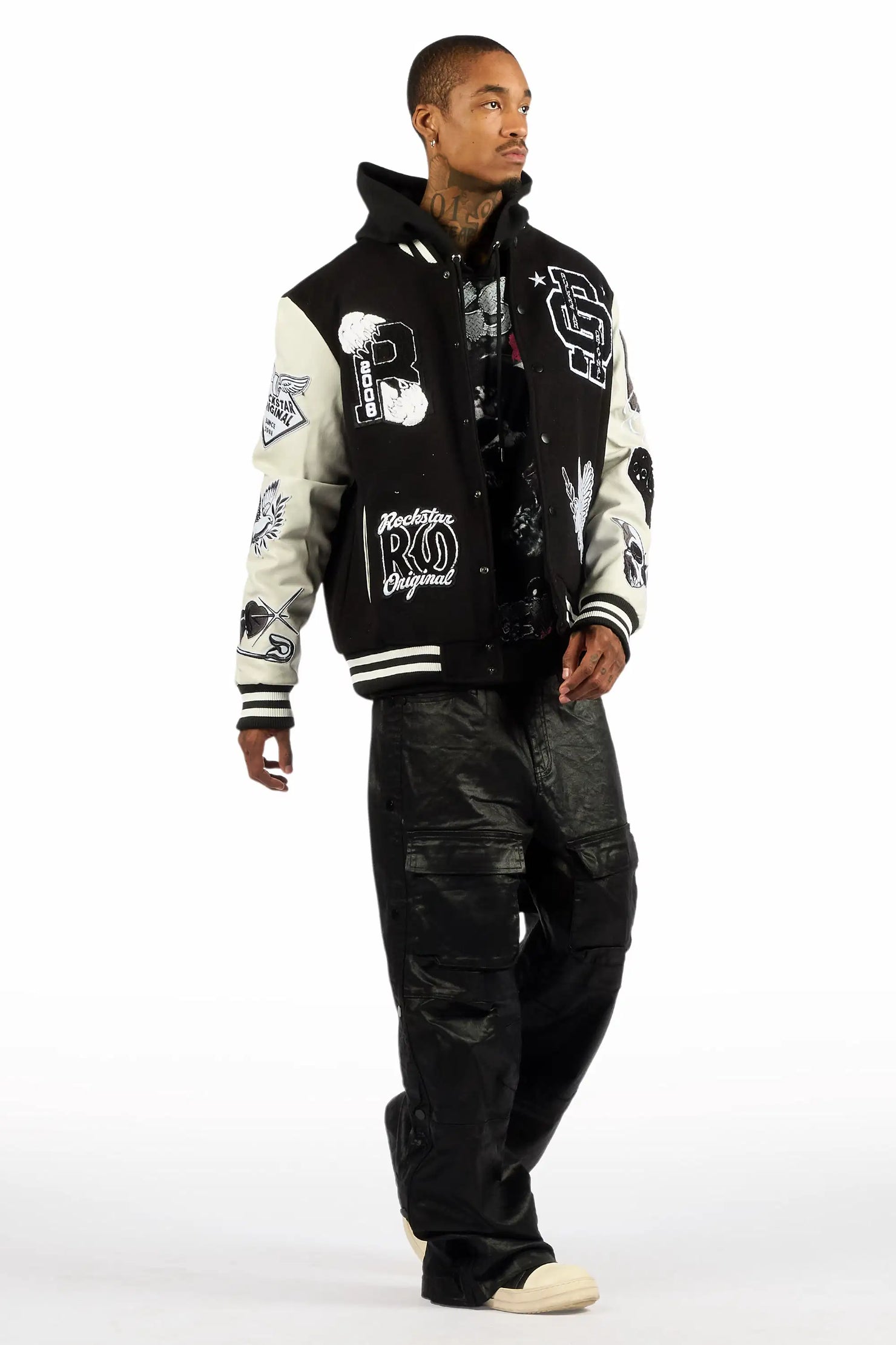 Yuri Black Baggy Cargo Flare Coated Pant