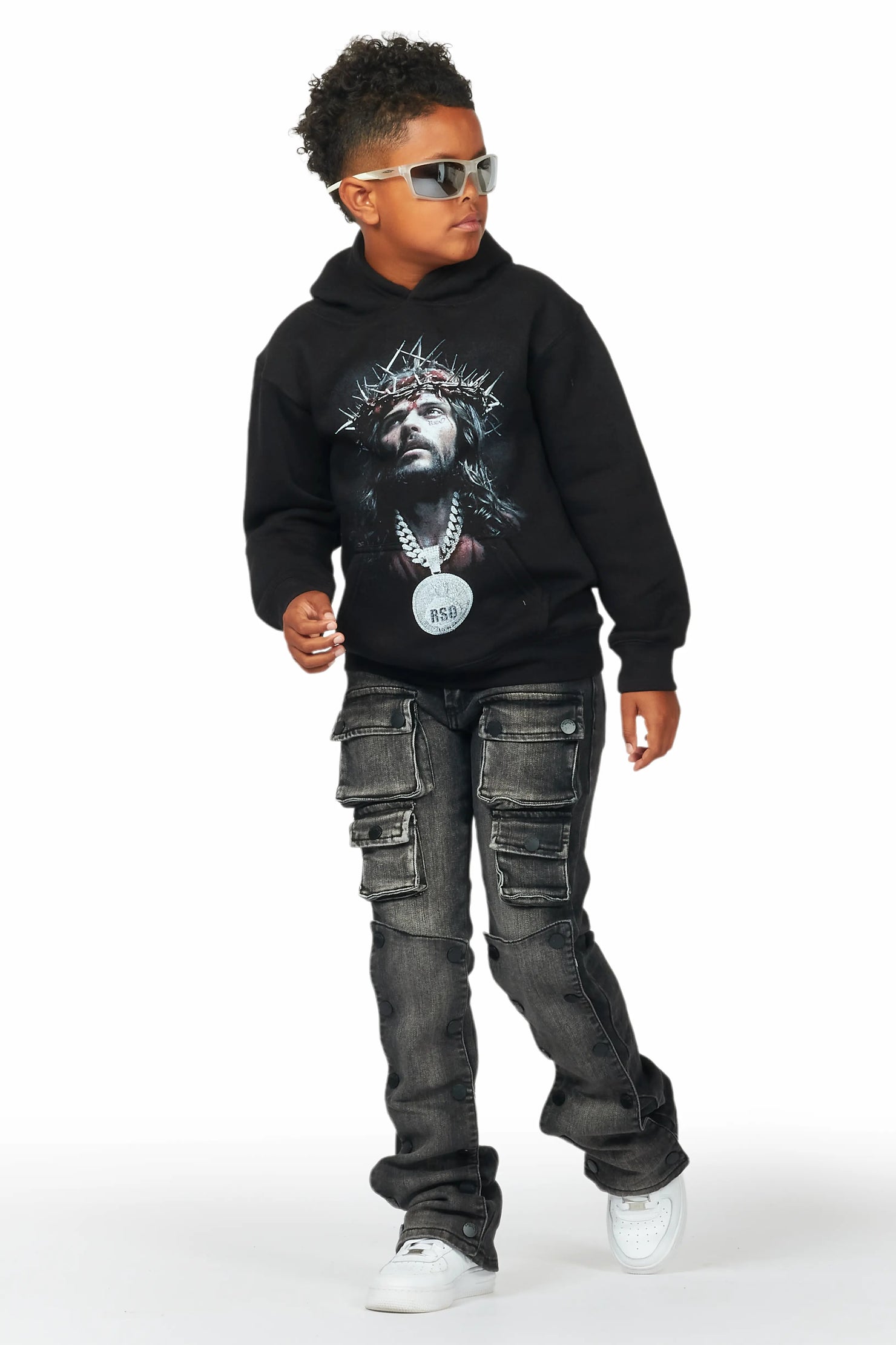 Boys Daman Black Hoodie/Stacked Flare Jean Set