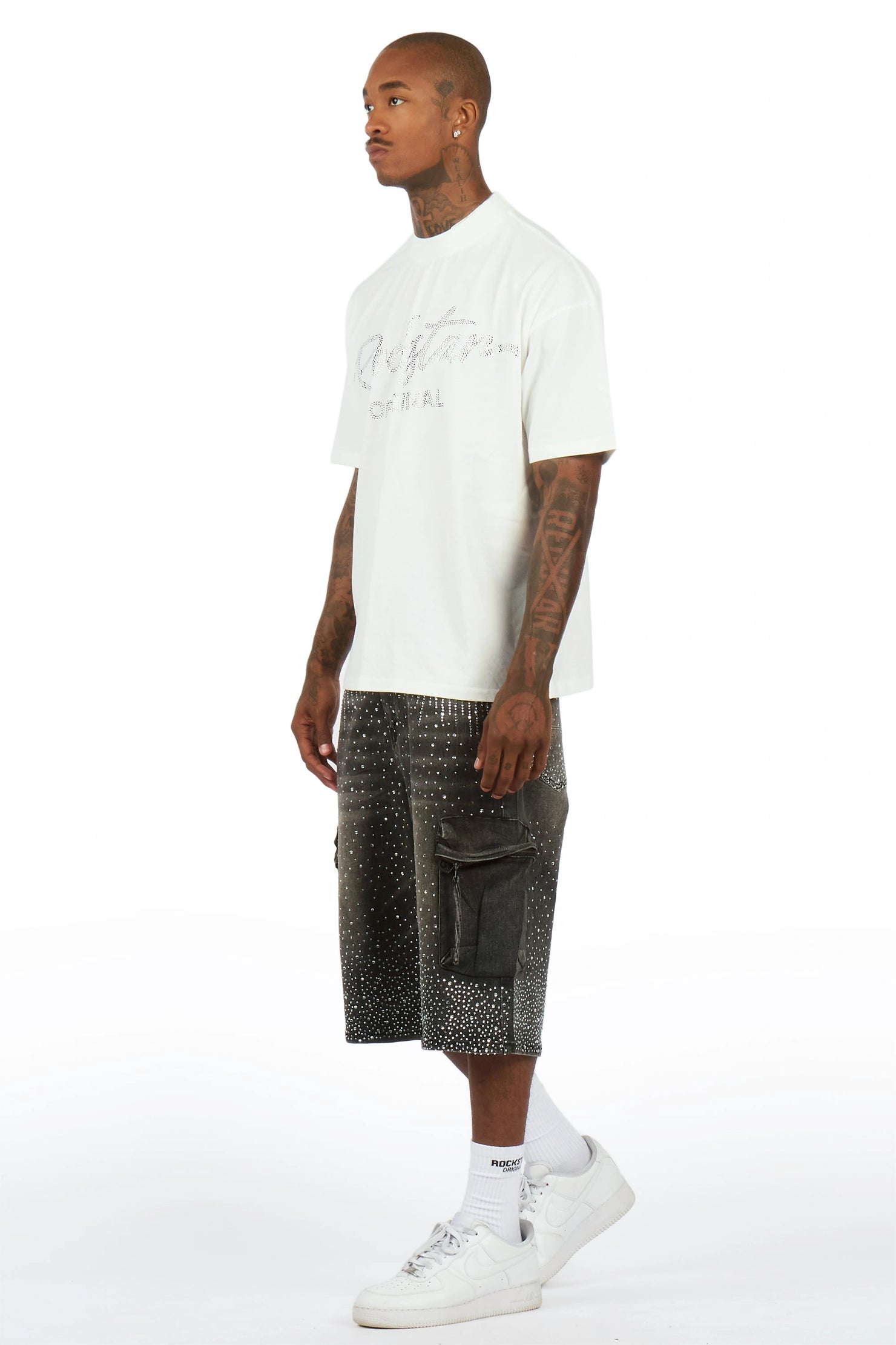Keoni White Rhinestone T-Shirt Denim Jort Set