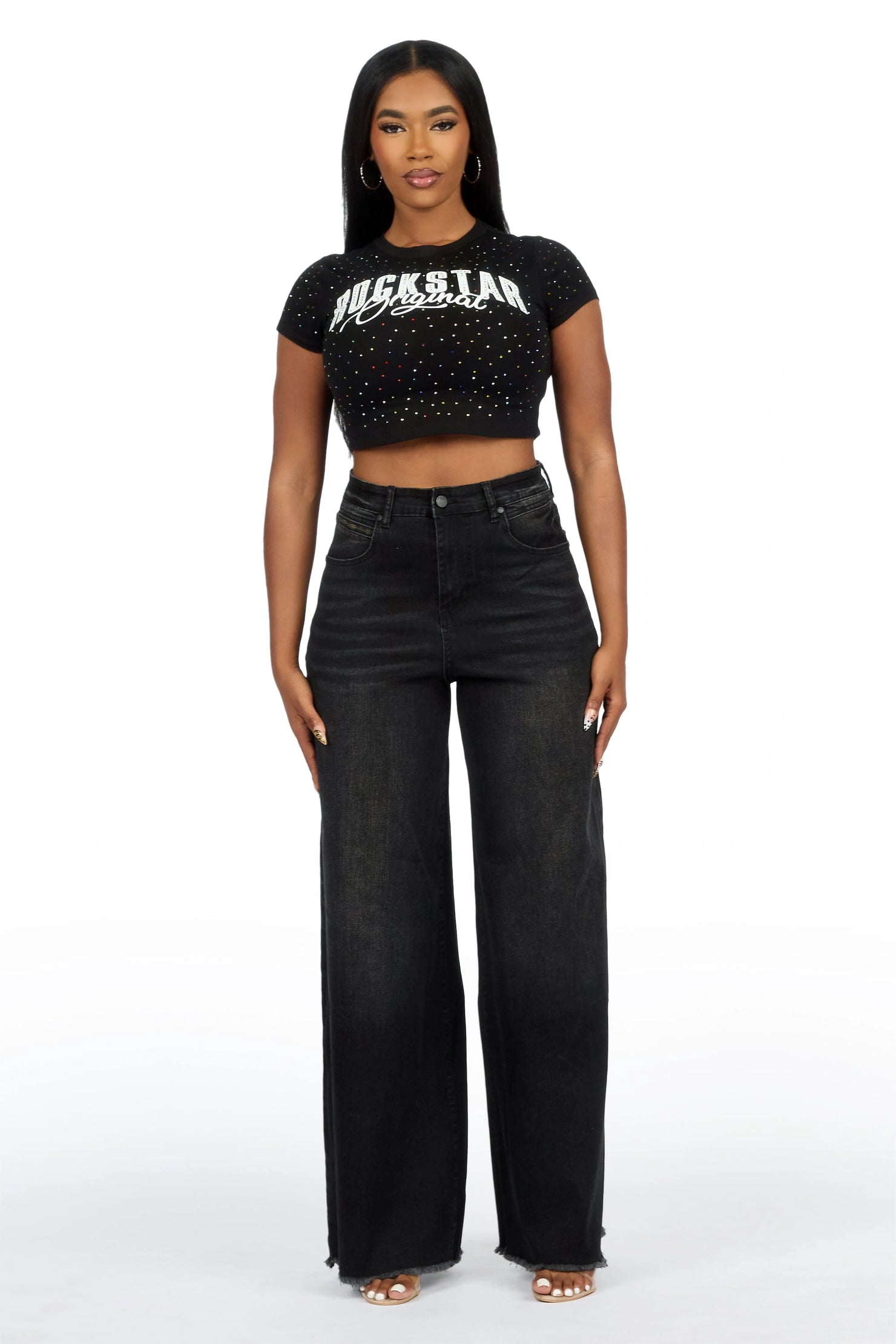 Cegaria Black High Rise Elastic Back Stretch Baggy Jean