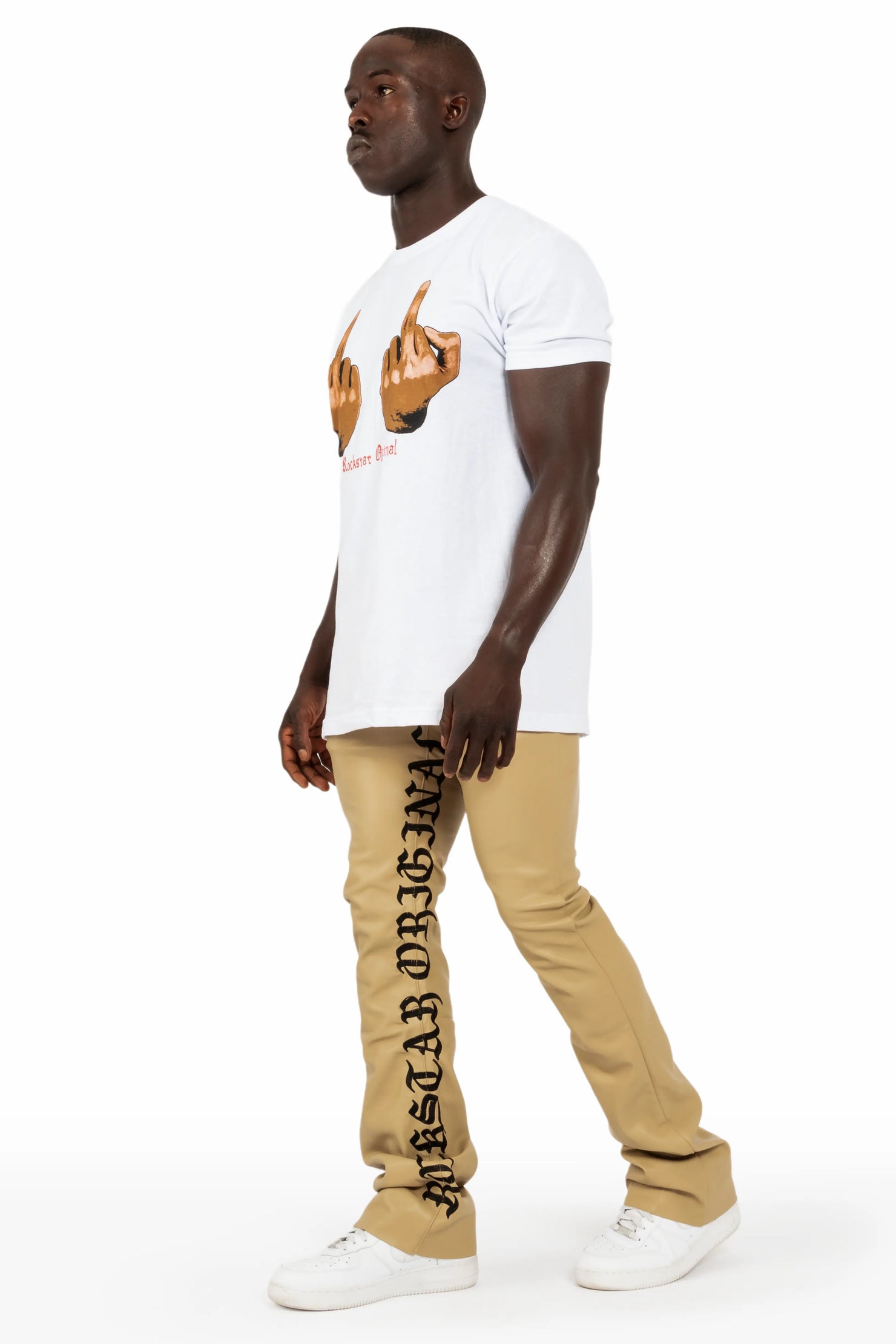 Eliam Beige/Black Faux Leather Stacked Flare Jean