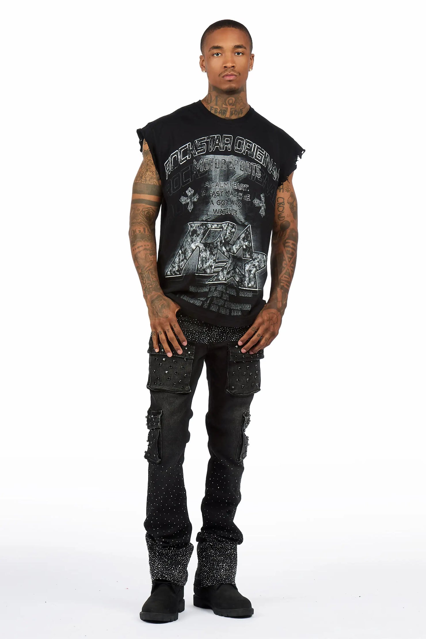 Arman Black Rhinestone Stacked Fit Jean