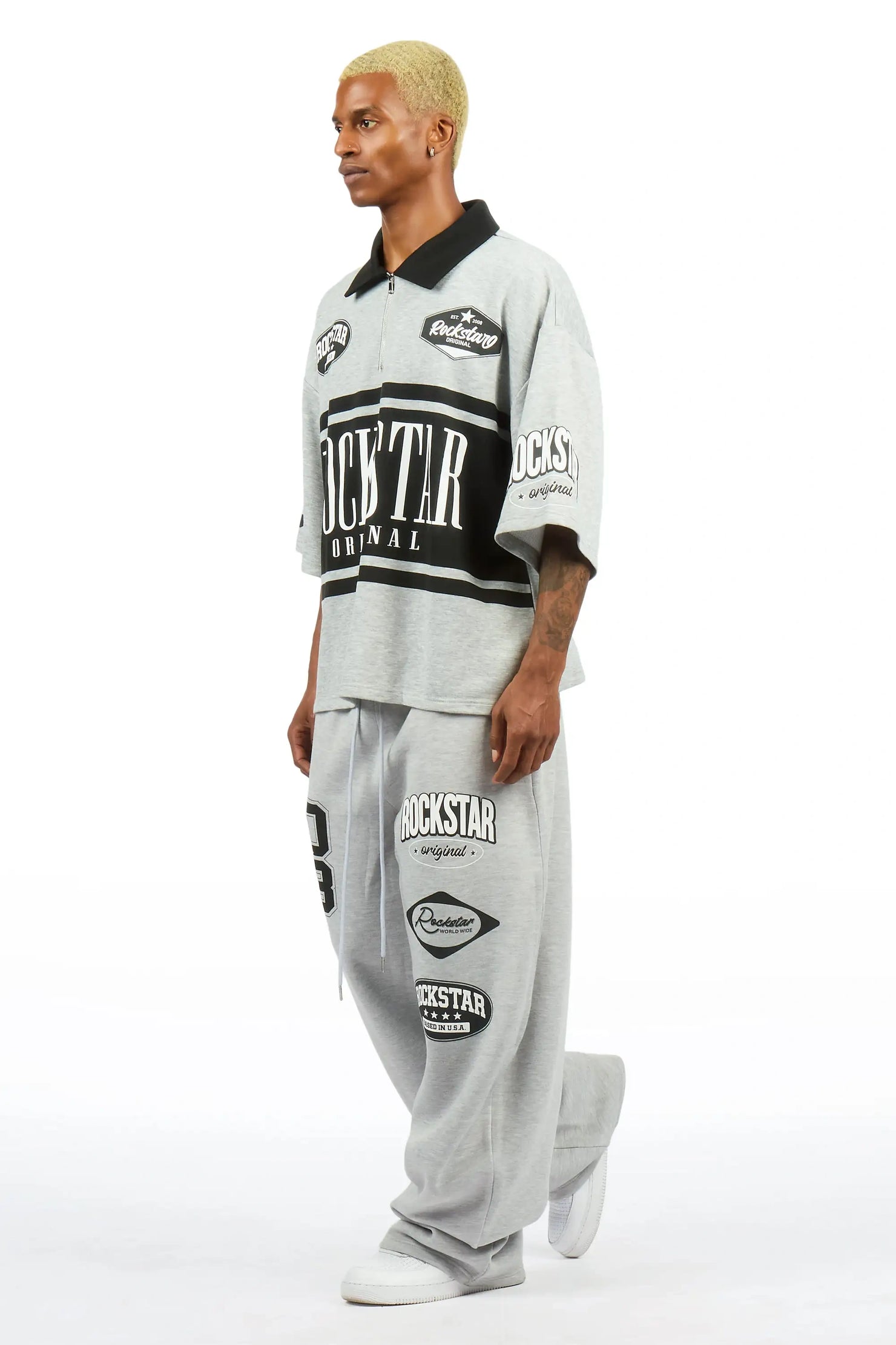 Verseny Heather Grey 1/4 Zip Crop Boxy Tee Fleece /Barrel Fit Set Track Set