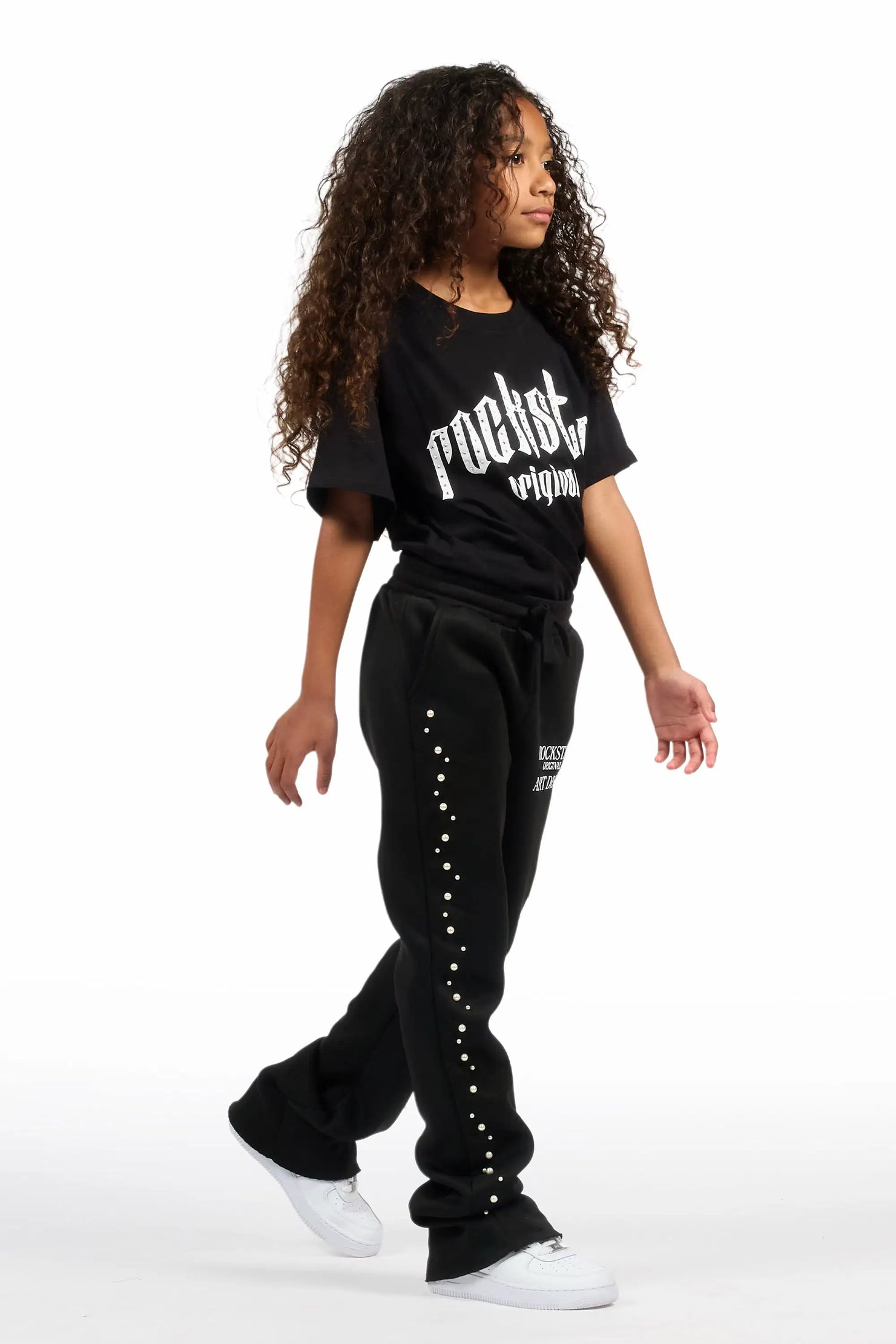 Girls Nikkia Black Pearl Stacked Track Pant