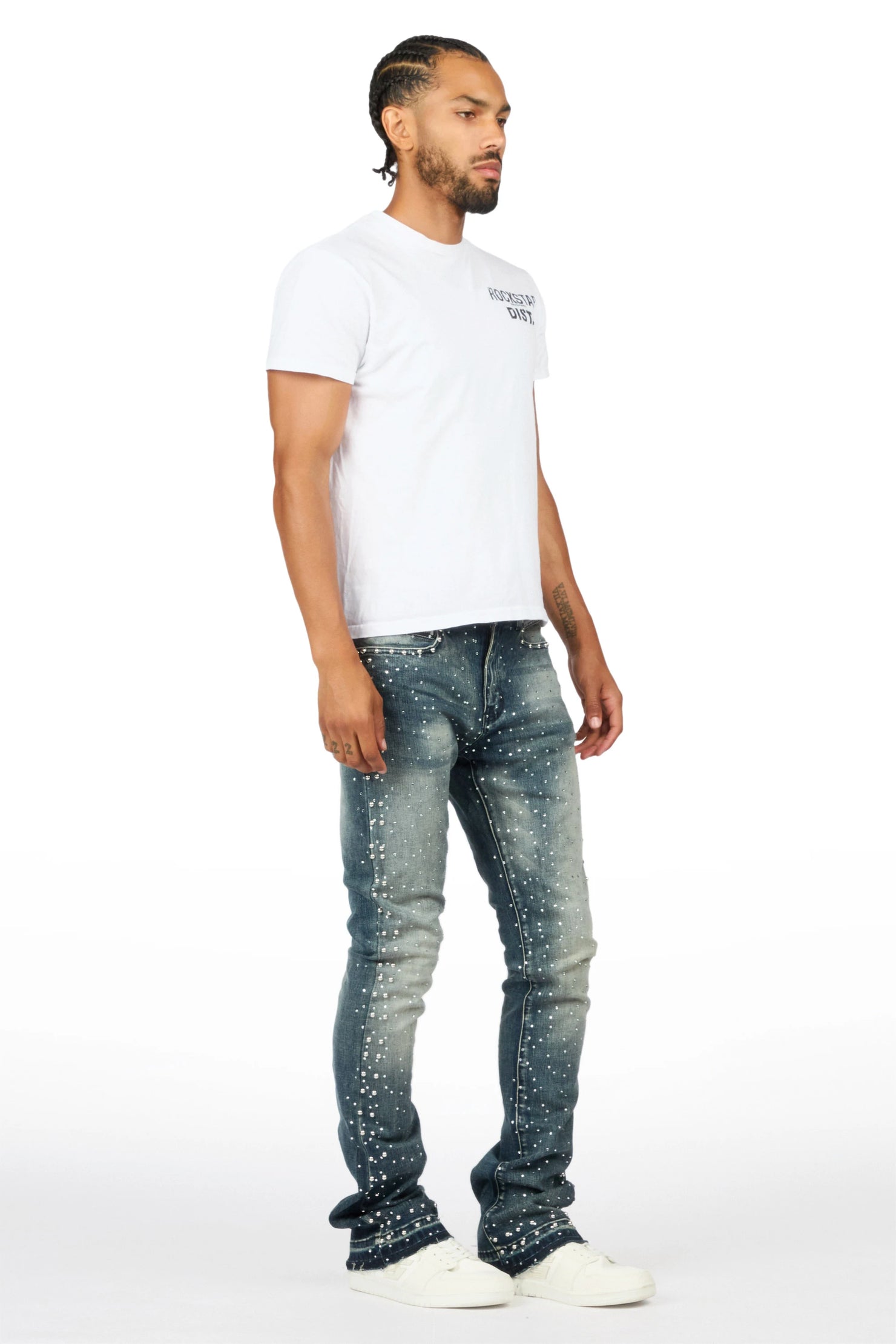 Miller Dark Blue Rhinestone Studded Stacked Flare Jean