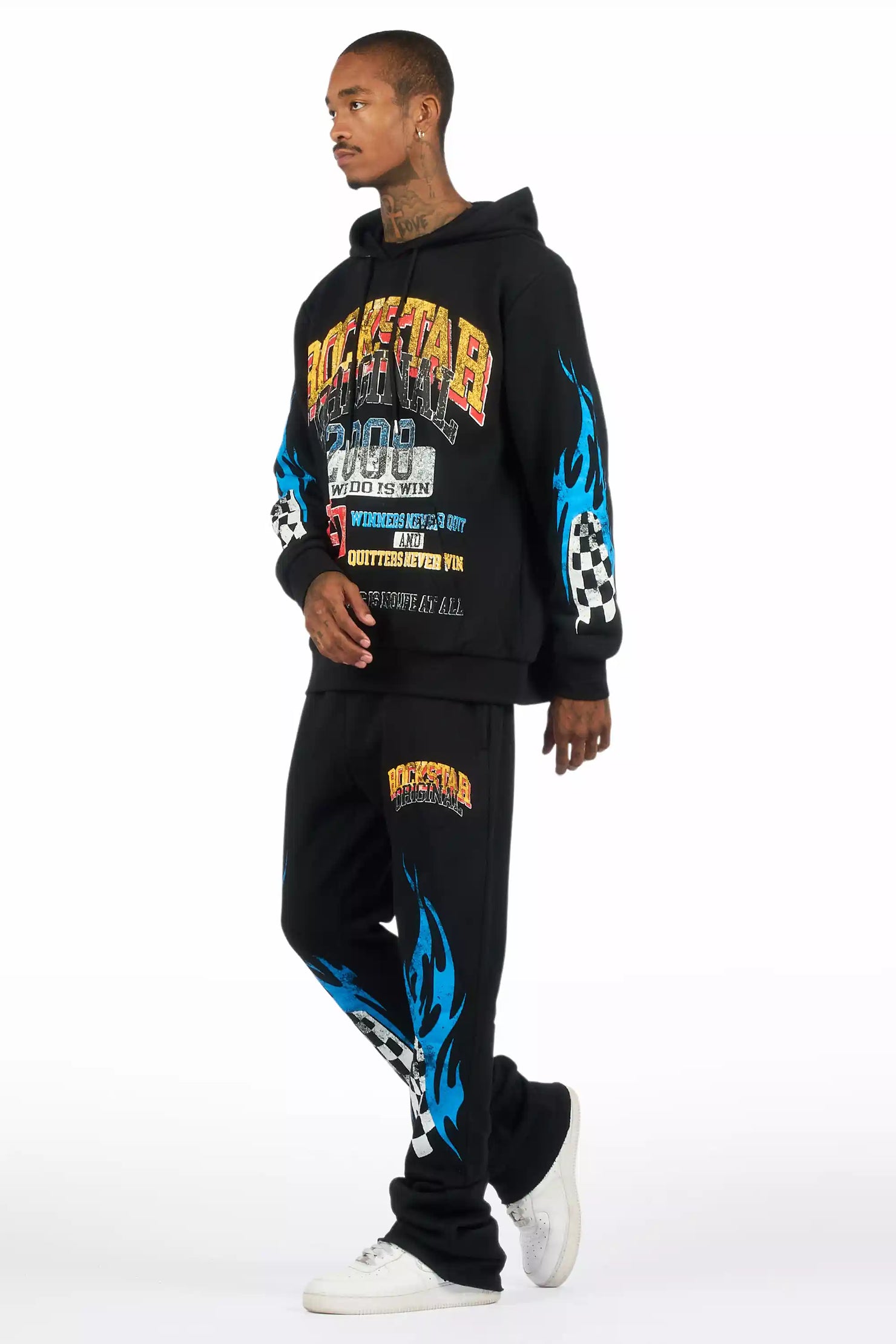 Colorful Race Black Hoodie Stacked Track Set