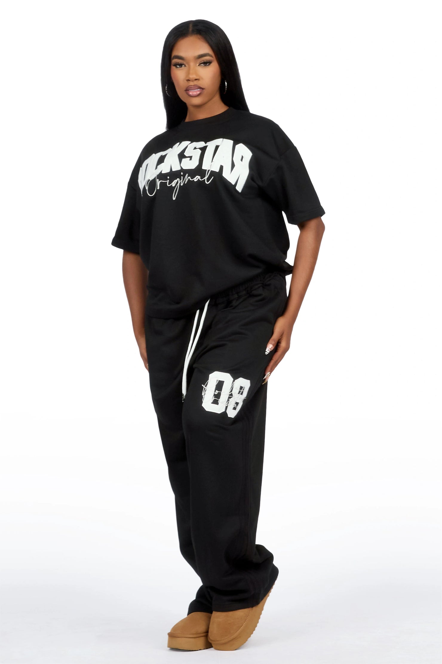 Cheyane Black French Terry Chenille Tee/ French Terry Relaxed Track Set