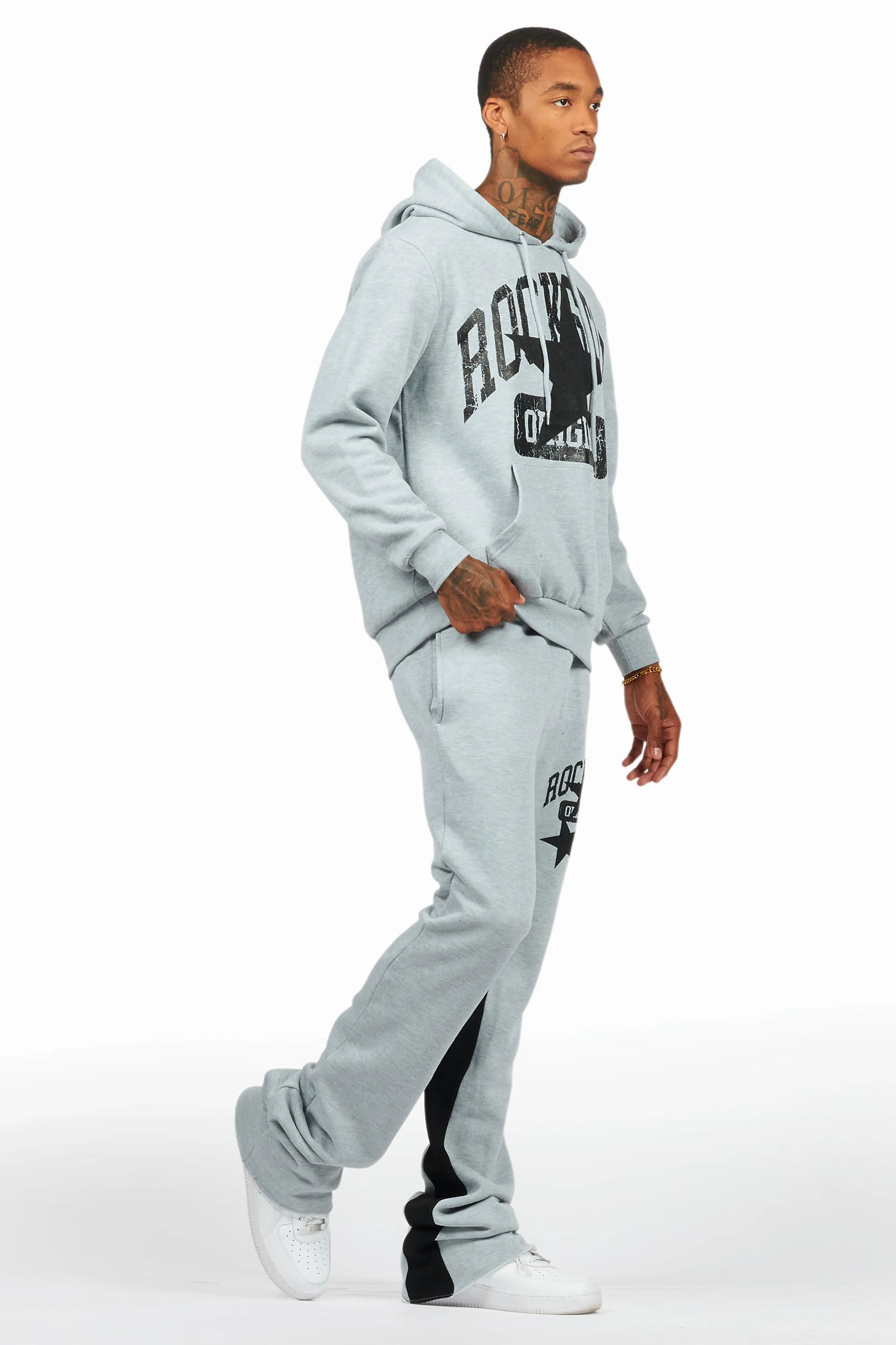 Mallor Heather Grey Baggy Stacked Hoodie Track Set