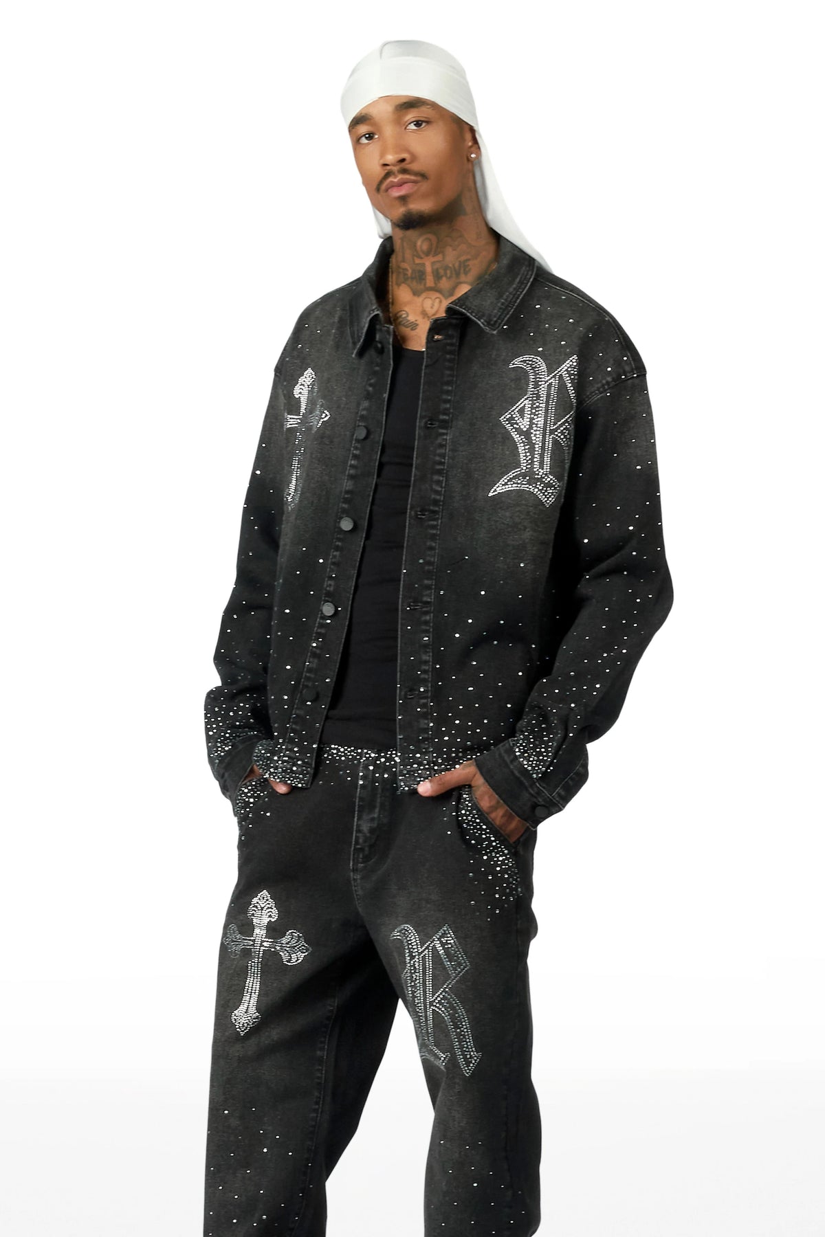 Clemente Dark Grey Rhinestone Button Down Shirt/Jean Set