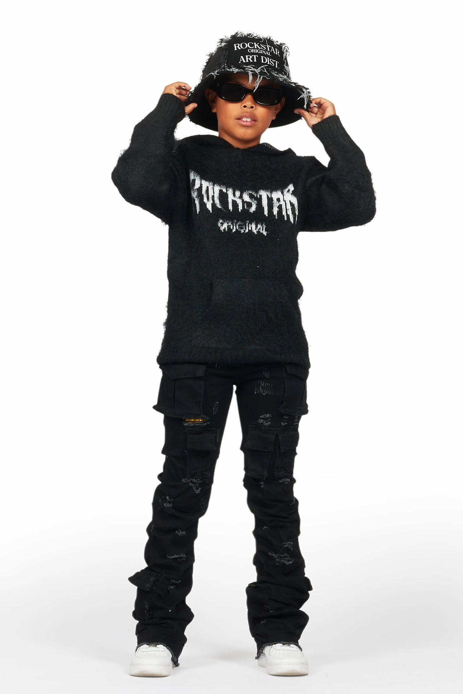 Boys Andros Black Mohair Hoodie/Stacked Flare Jean Set