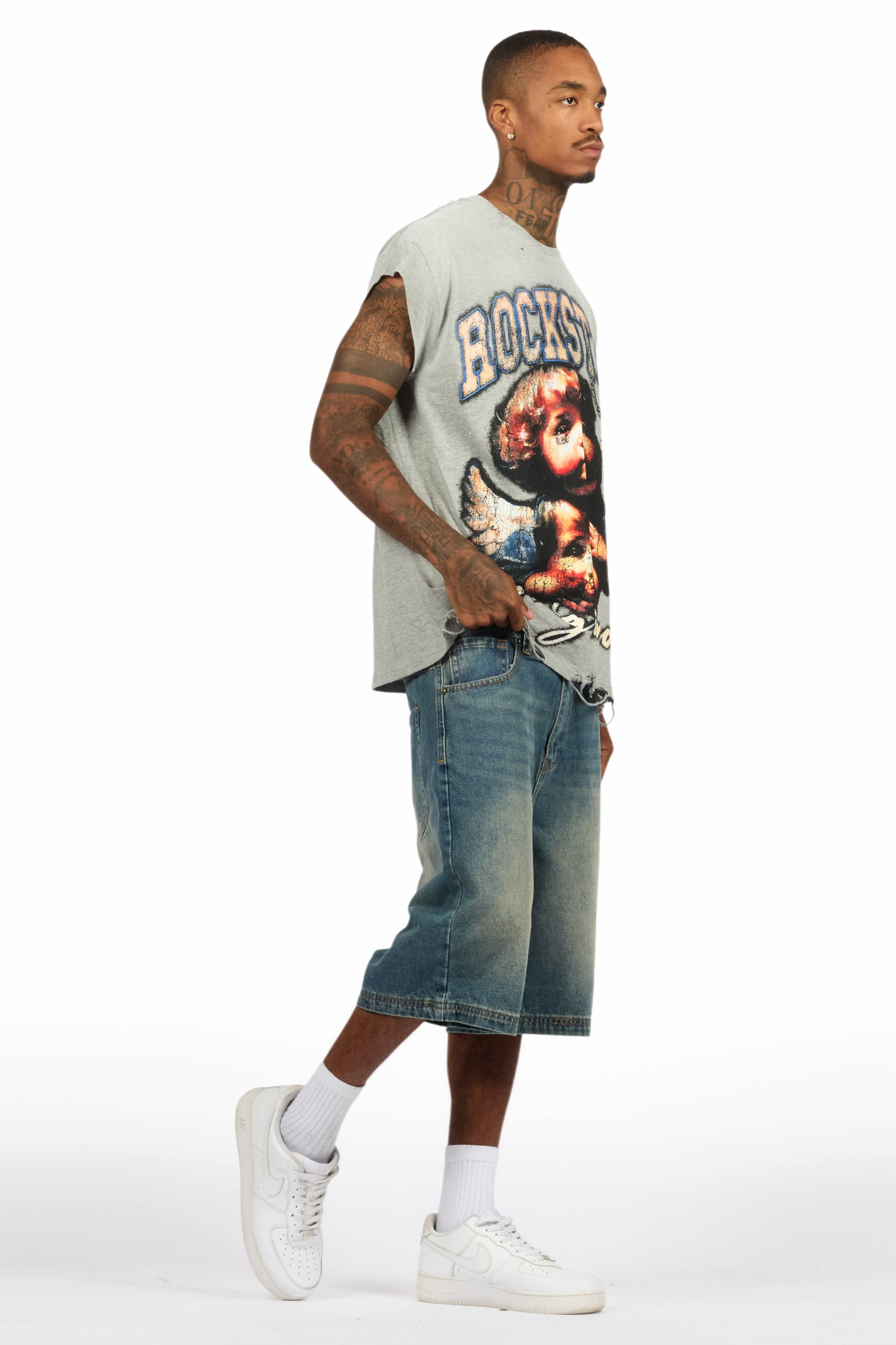 Deiter Heather Grey Muscle Tee/Denim Jort Set