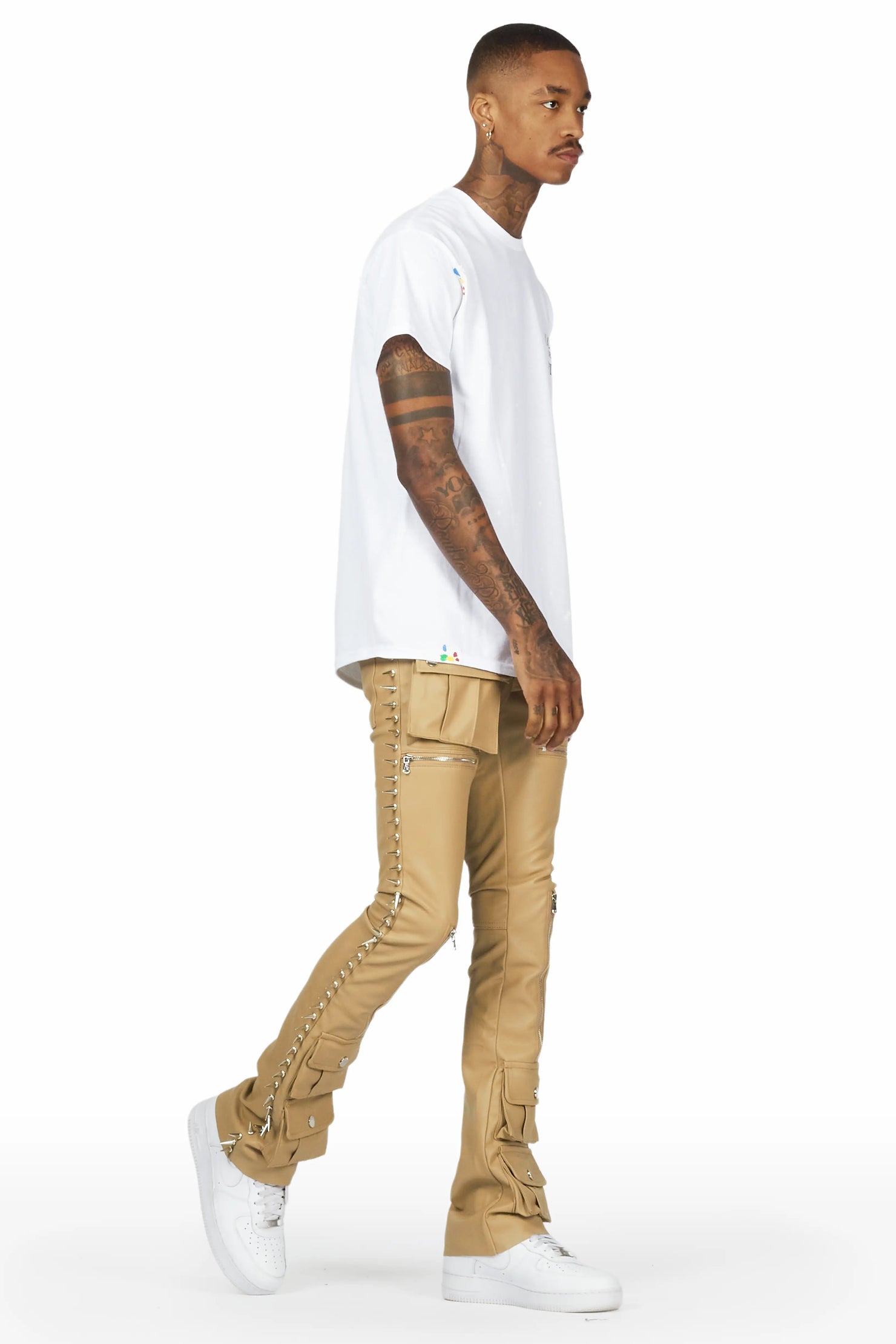 Leopold Beige PU Stacked Flare Jean