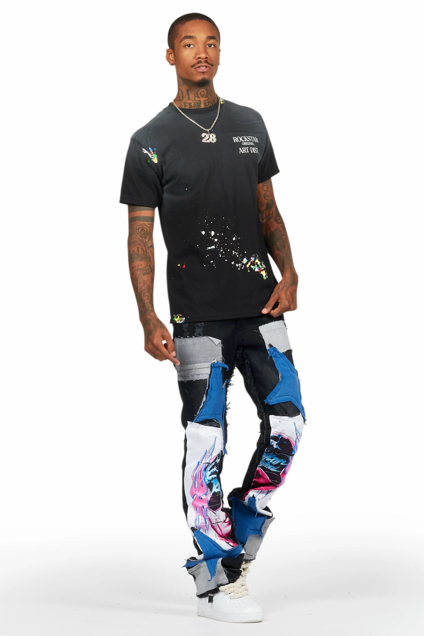 Helios Dark Grey Patchwork Stacked Flare Jean