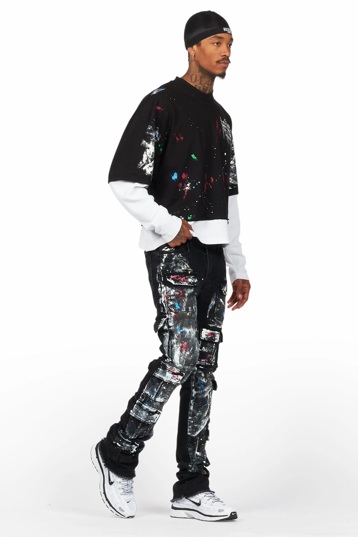 Farrow Black Painter Double Layer T-Shirt/Stacked Flare Jean Bundle