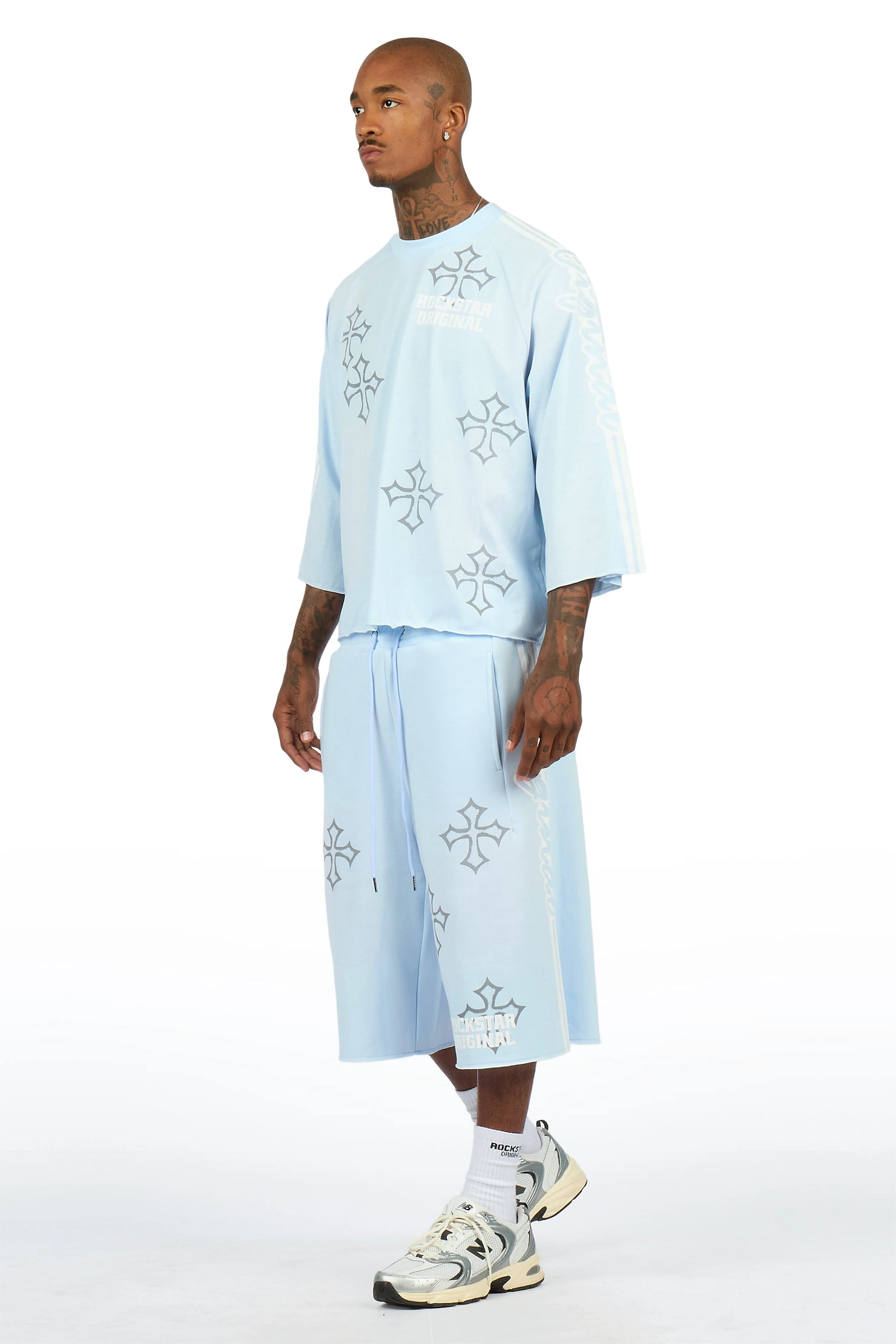 Osso Sky Blue 3/4 Sleeve T-Shirt Double Waisted Jort Set