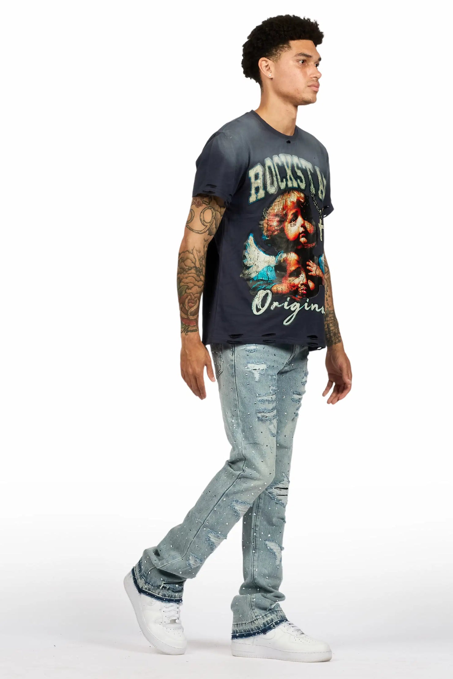 Stunt Blue Rhinestone Stacked Flare Jean