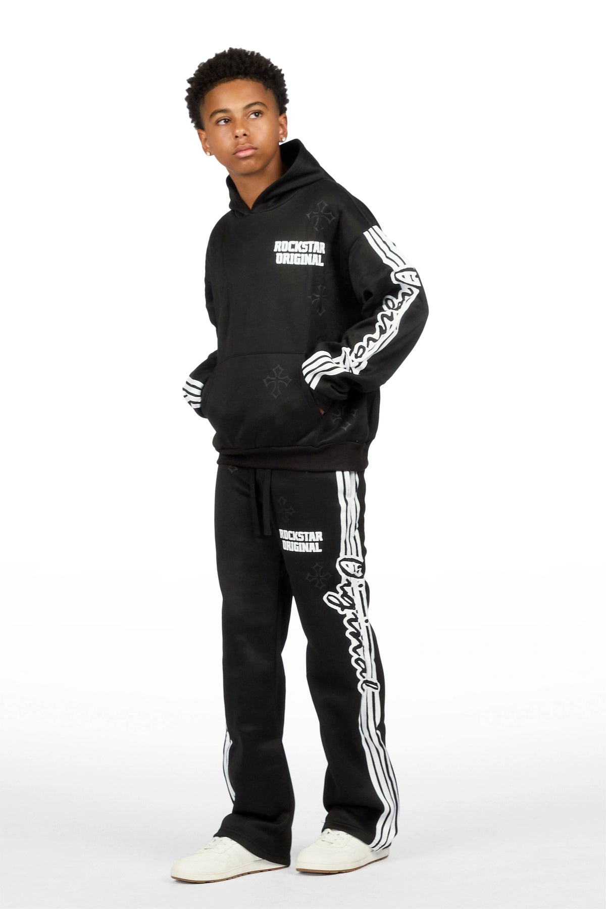 Boys Osso Black Hoodie Stacked Track Set