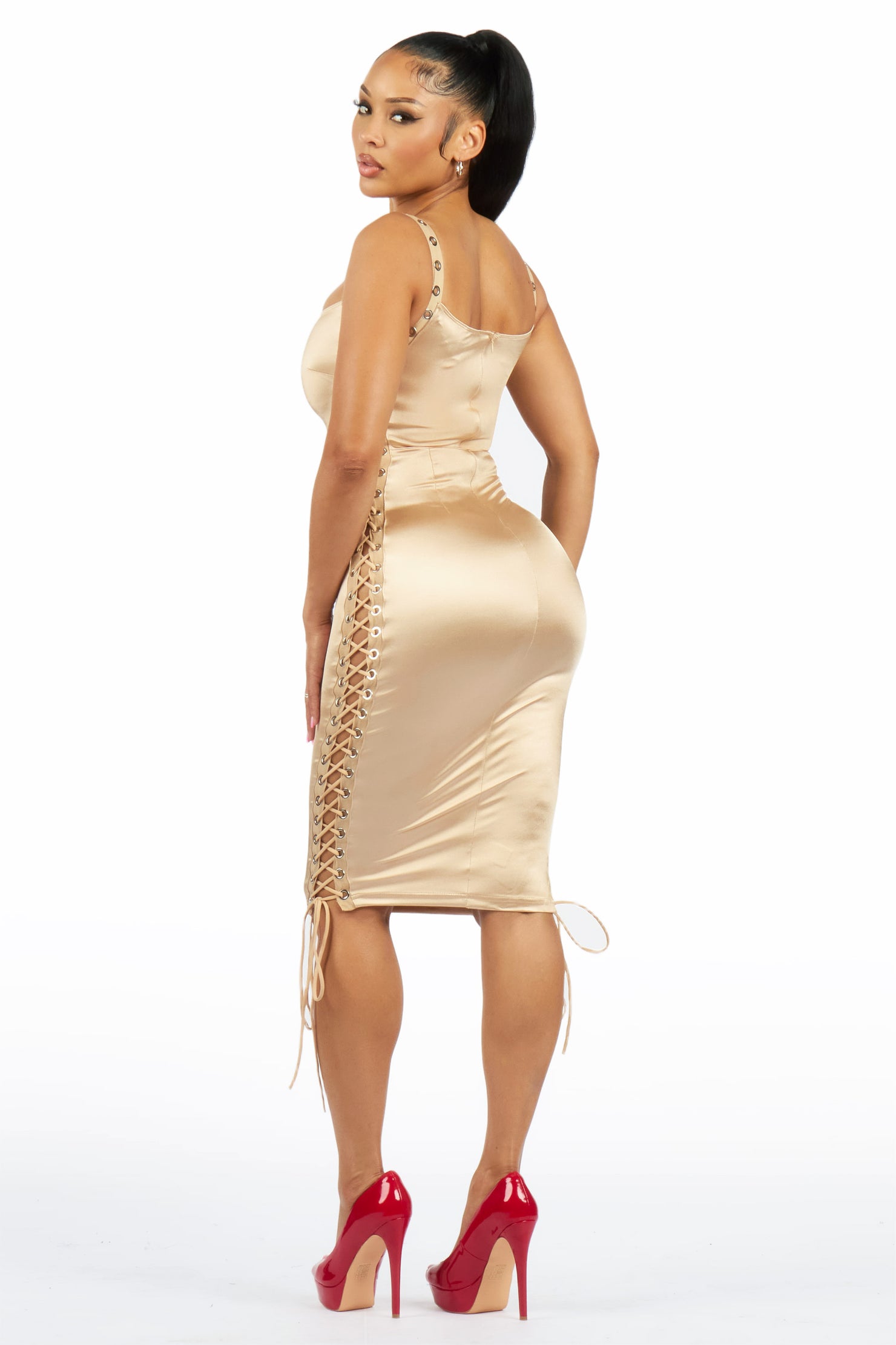 Studded-Out Lace-Up Tan Midi Dress