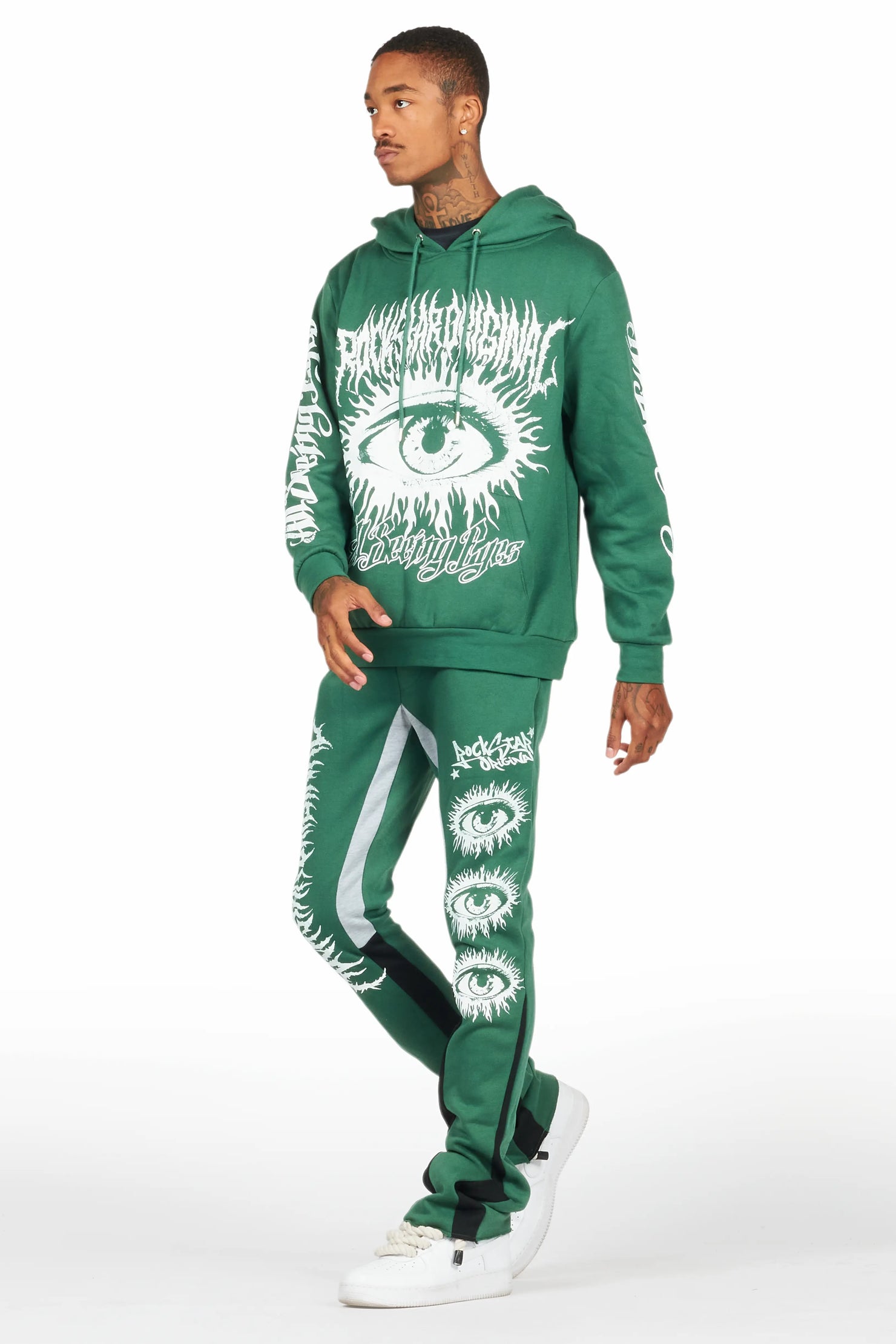 All Seeing Eyes Dark Green Stacked Flare Track Pant Set