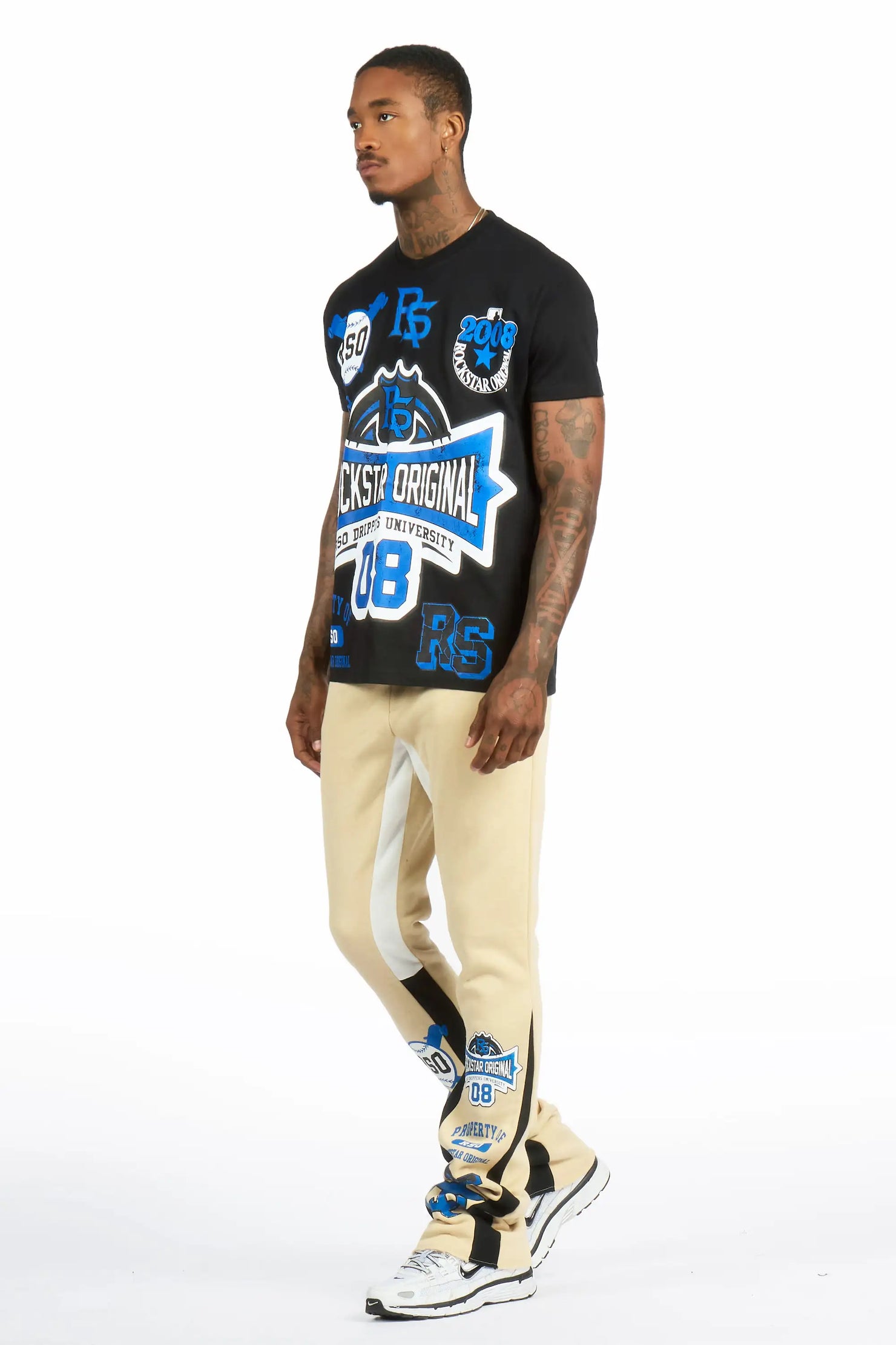 Mavrix Black/Beige T-shirt/Stacked Flare Track Pant Set
