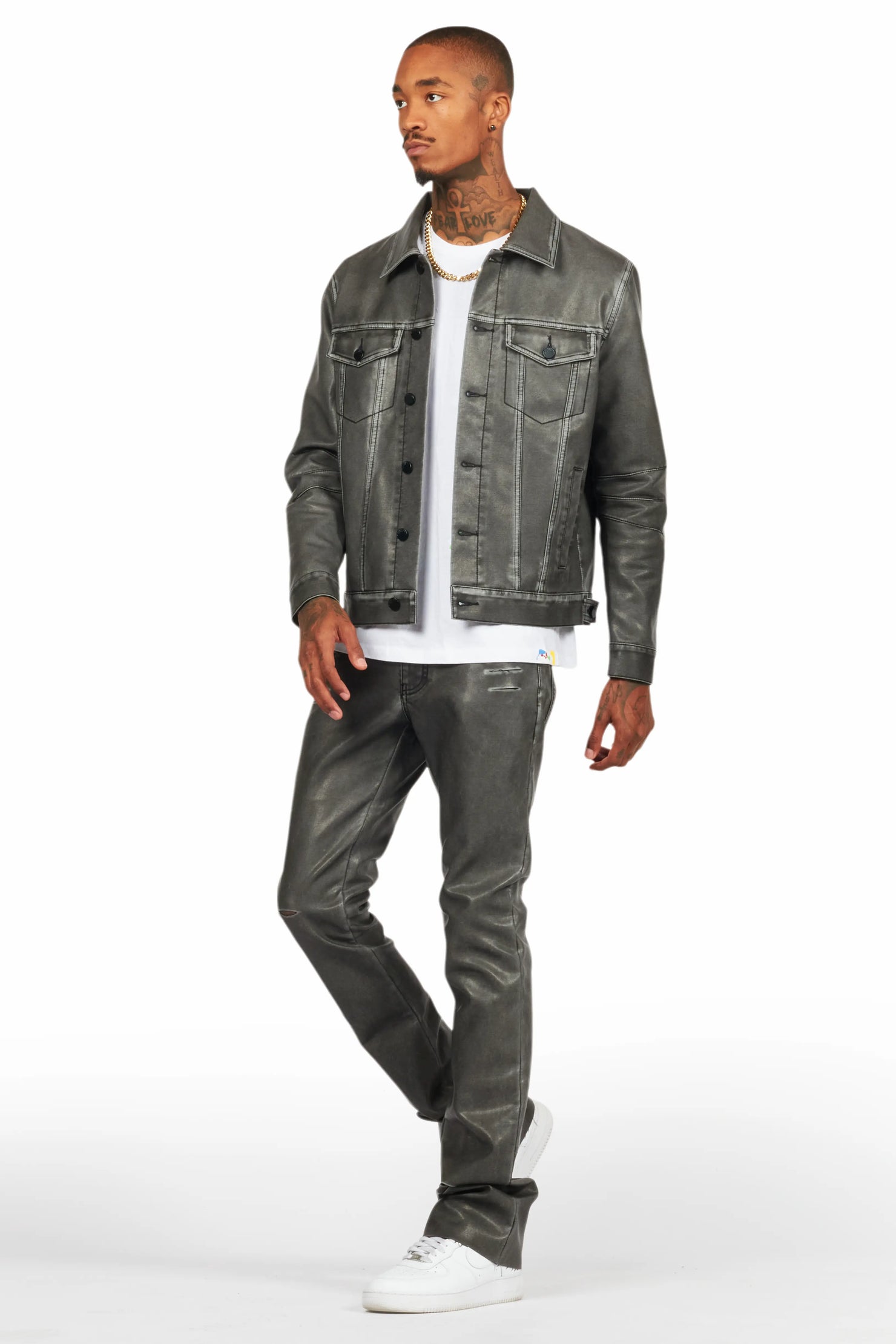 Deco Black Distressed PU Stacked Flare Jean