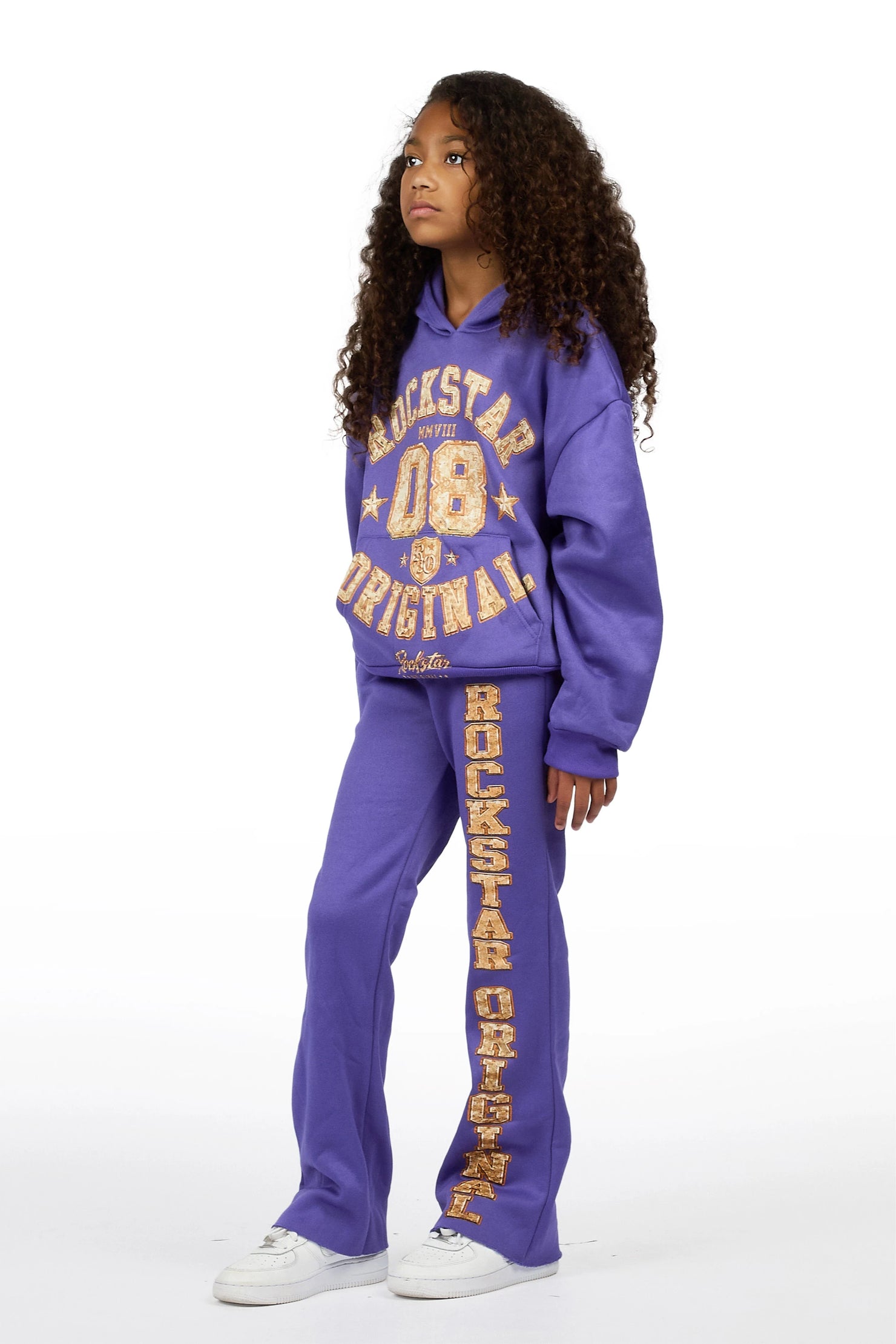 Girls Atrameny Purple/Cream Stacked Hoodie Track Set